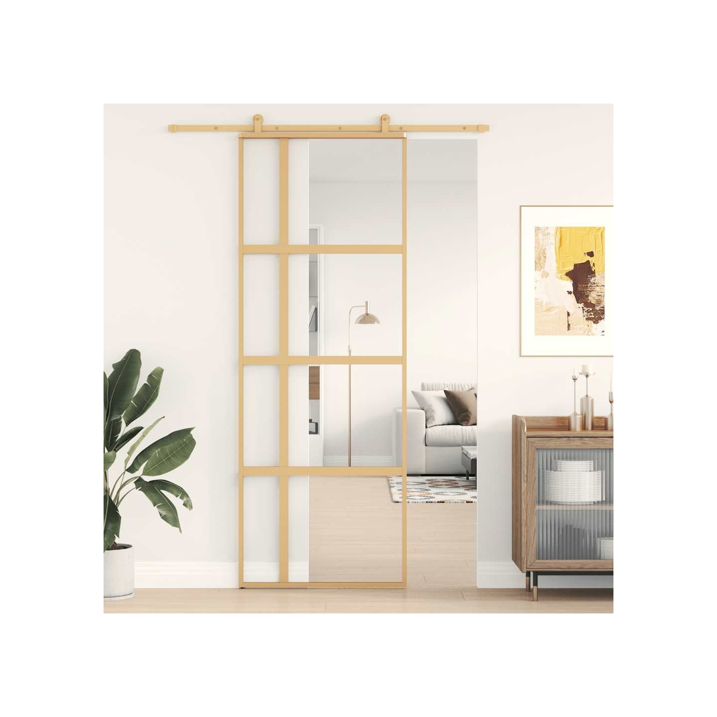 Porte coulissante doré 76x205 cm verre ESG clair et aluminium
