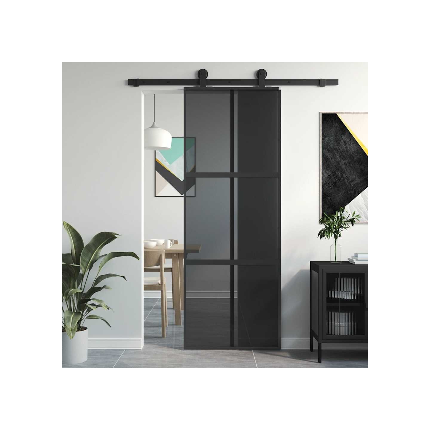 Porte coulissante noir 76x205 cm verre trempé aluminium