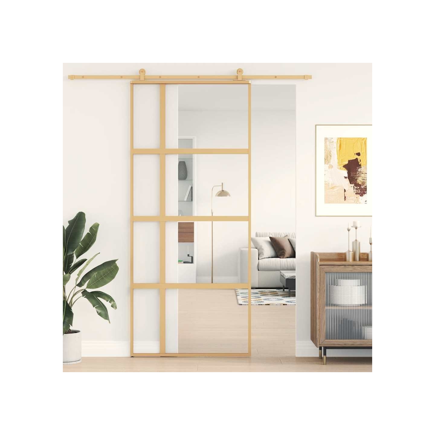 Porte coulissante doré 90x205 cm verre ESG clair et aluminium