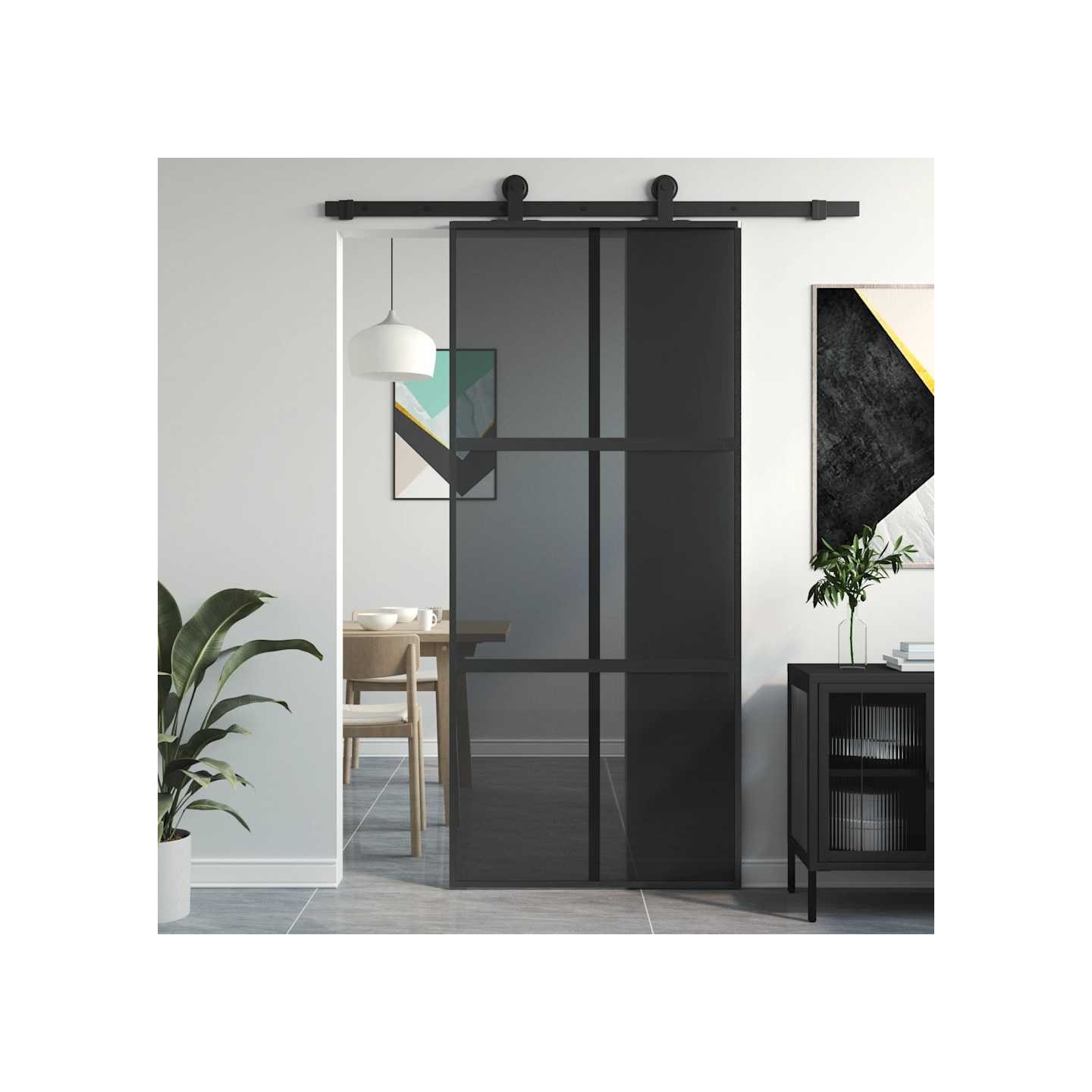 Porte coulissante noir 90x205 cm verre trempé aluminium