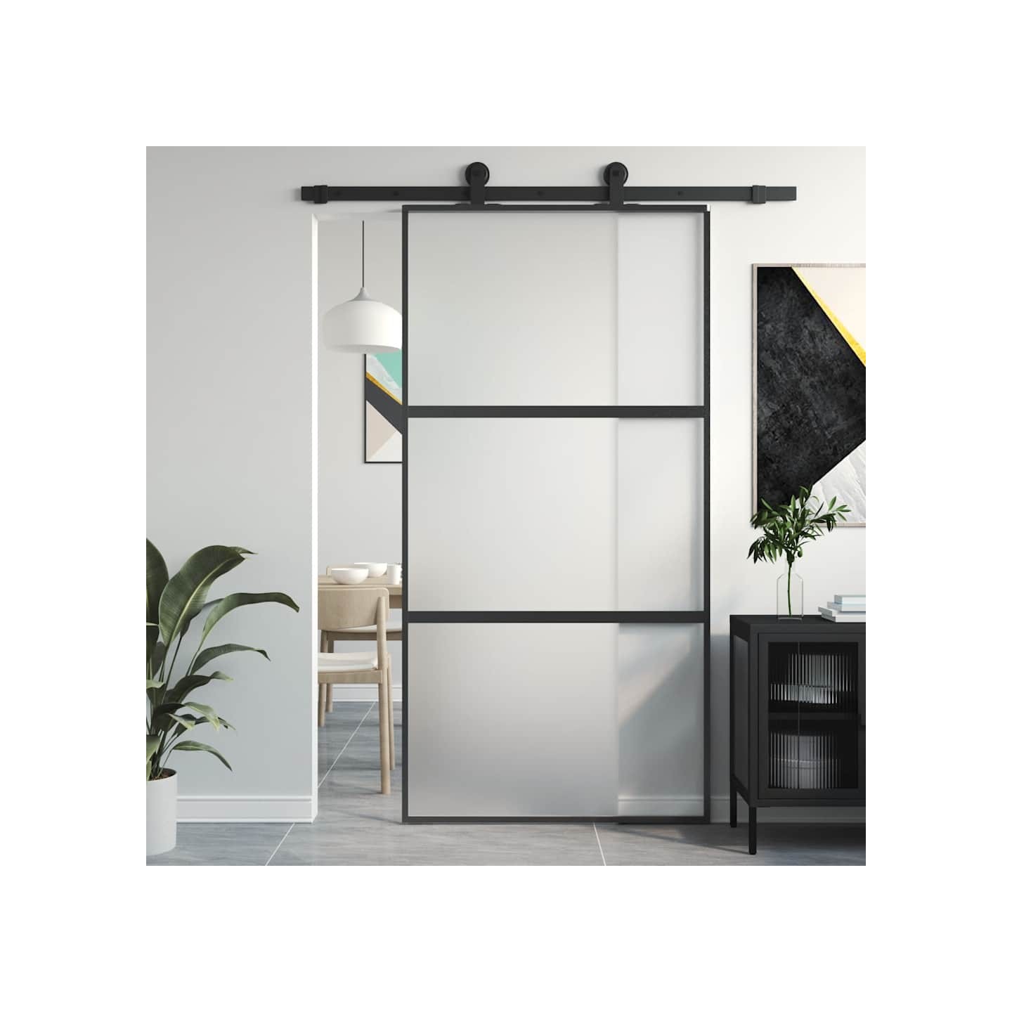 Porte coulissante noir 102,5x205 cm verre trempé aluminium