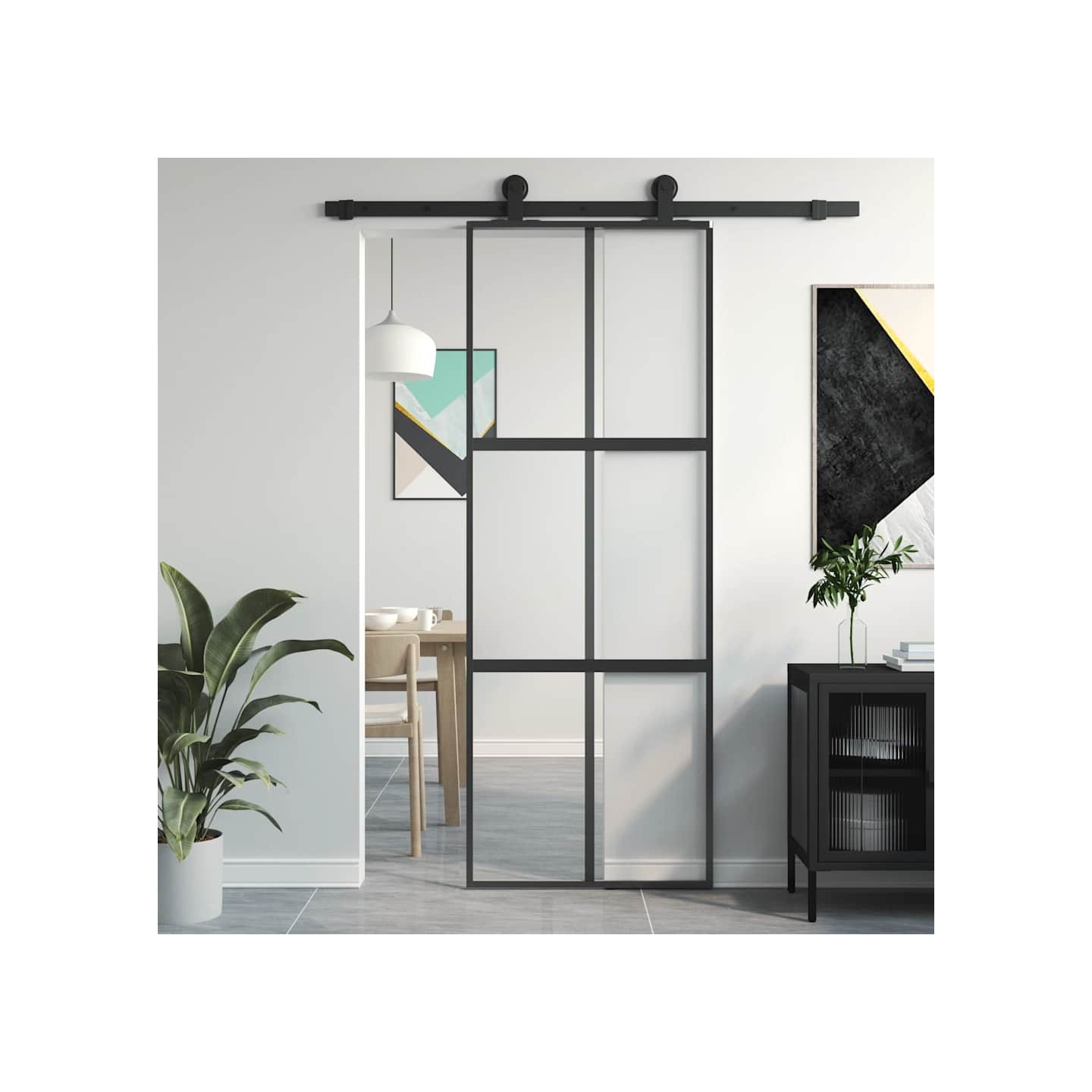 Porte coulissante noir 76x205 cm verre trempé aluminium