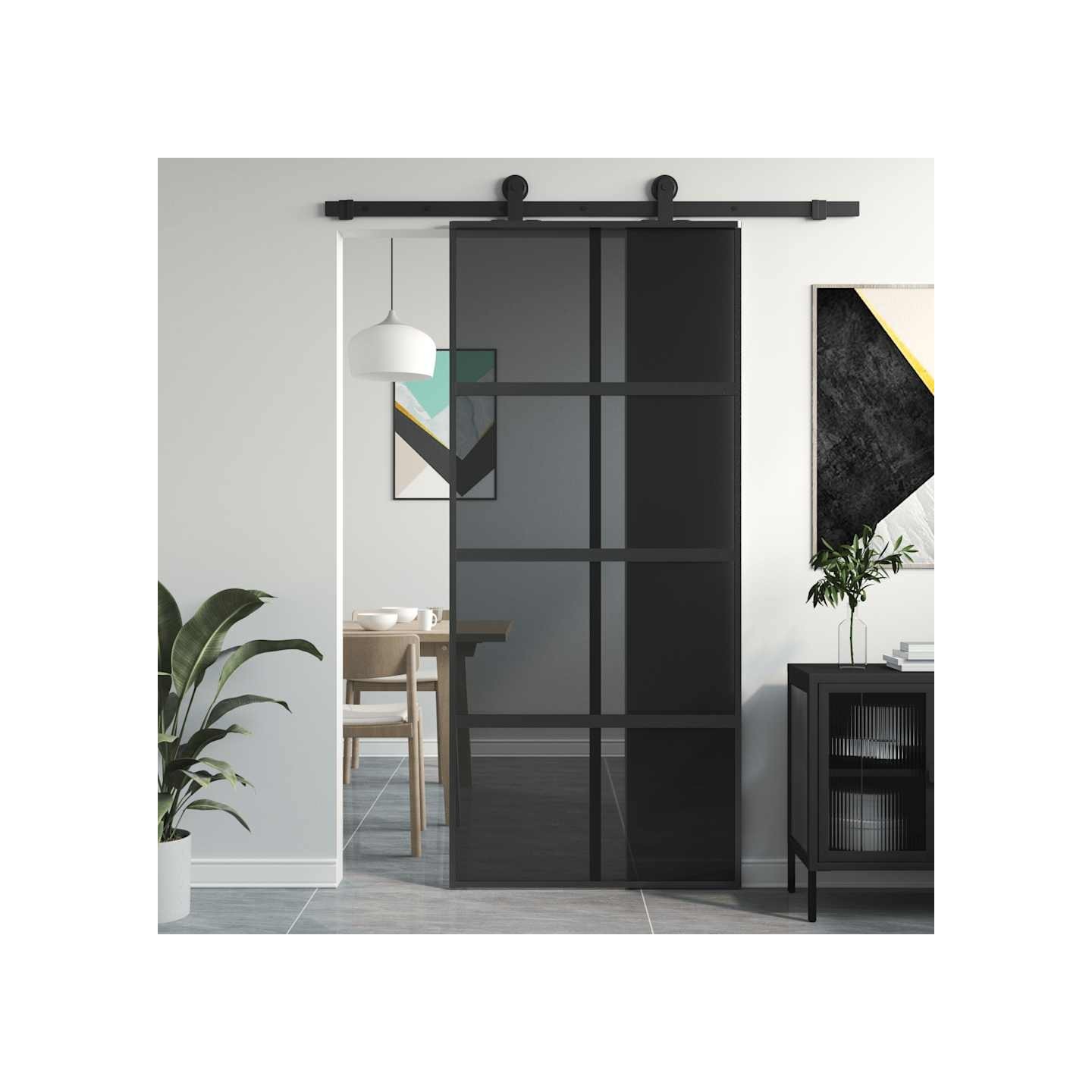 Porte coulissante noir 90x205 cm verre trempé aluminium