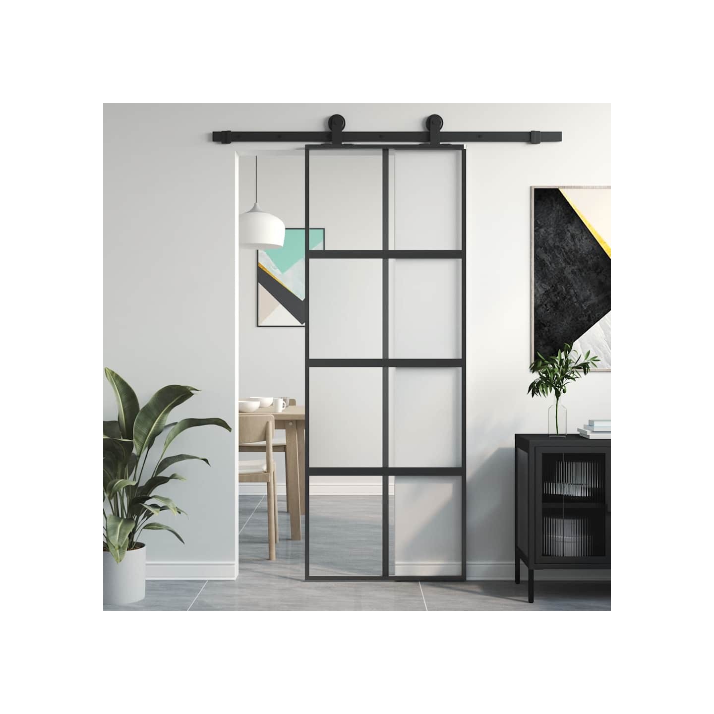 Porte coulissante noir 76x205 cm verre trempé aluminium
