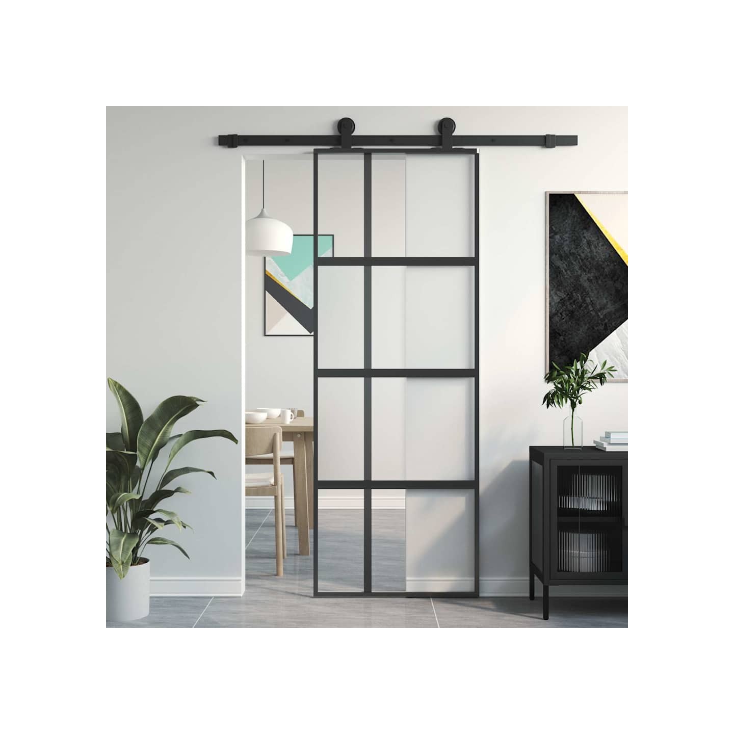Porte coulissante noir 76x205 cm verre trempé aluminium