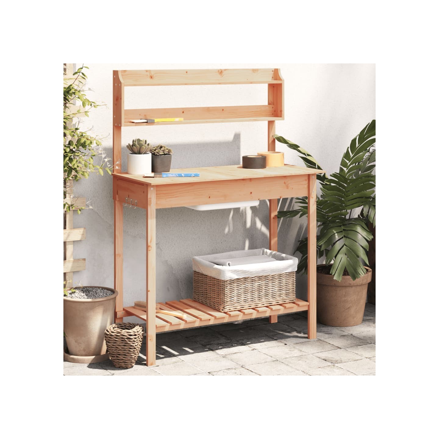 Table de rempotage avec évier marron bois massif de sapin