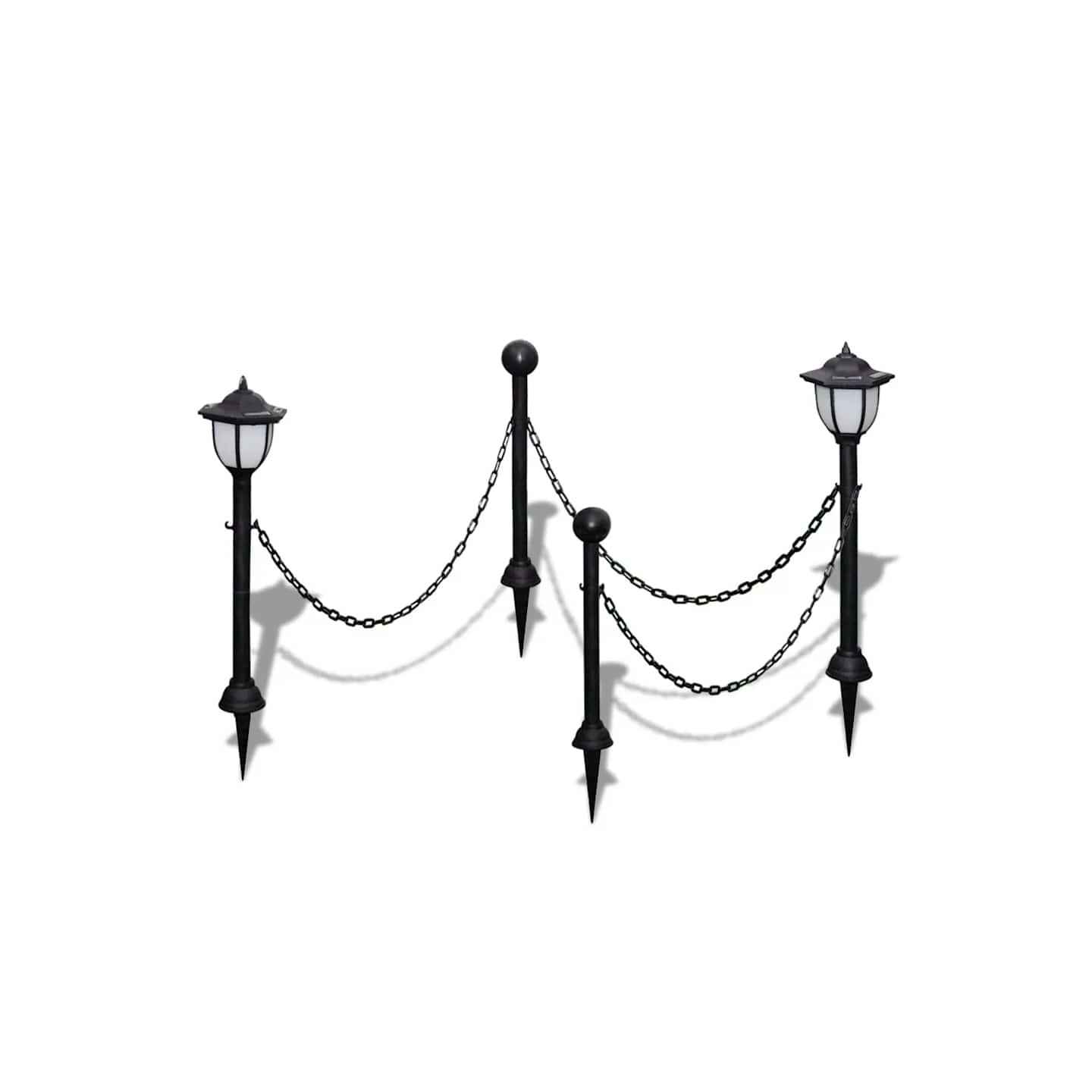 Clôture à chaîne avec deux lampes solaires LED et deux piquets