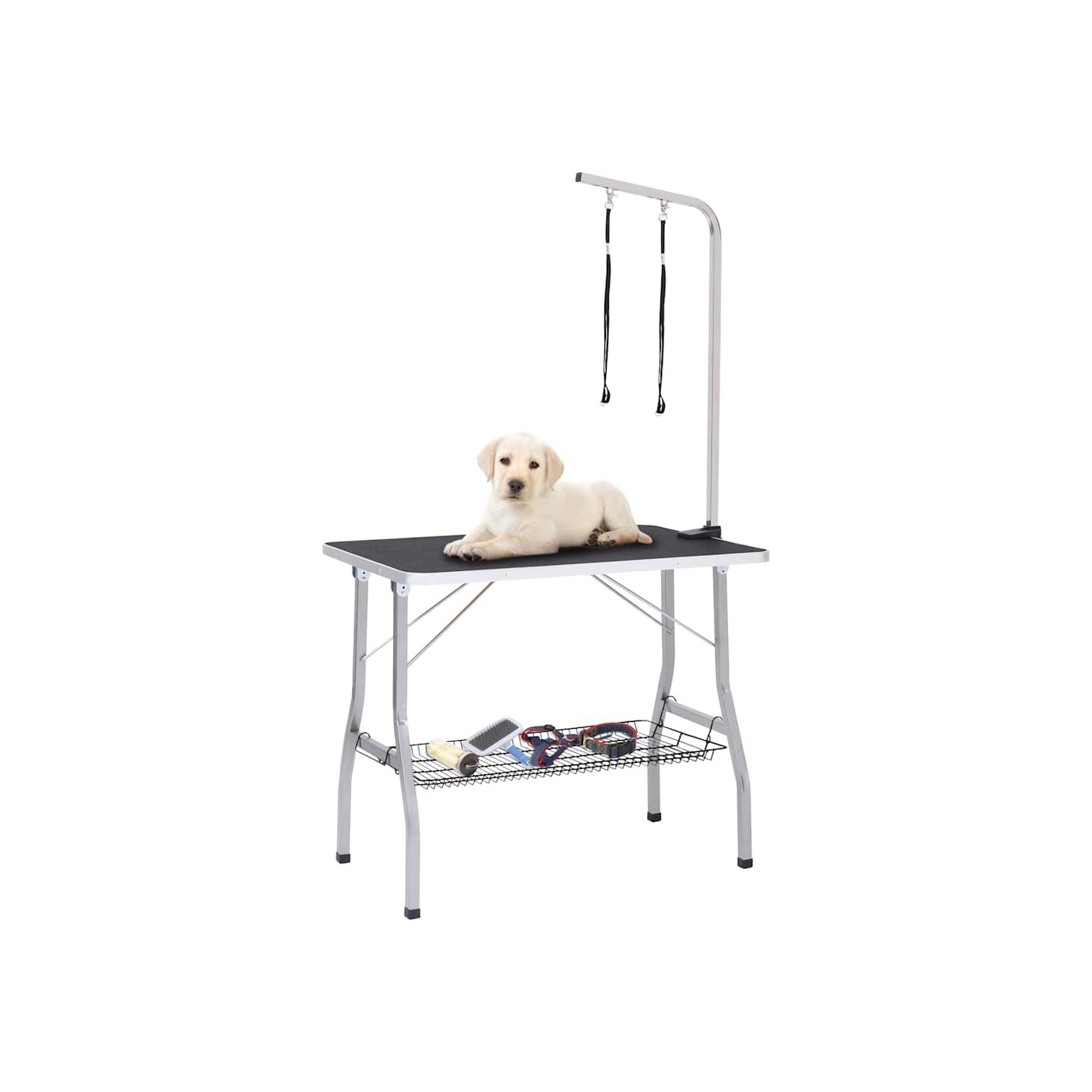 Table de toilettage réglable de chiens avec 2 boucles et panier