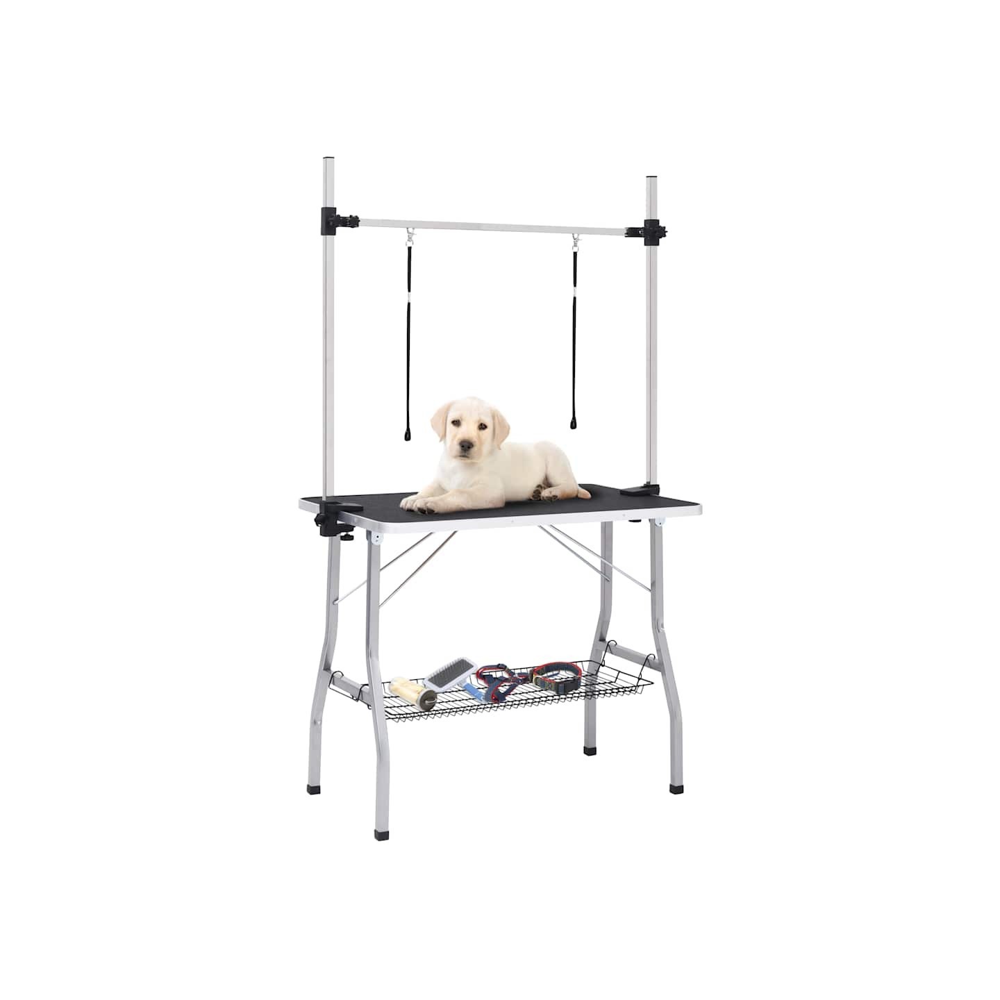 Table de toilettage réglable de chiens avec 2 boucles et panier