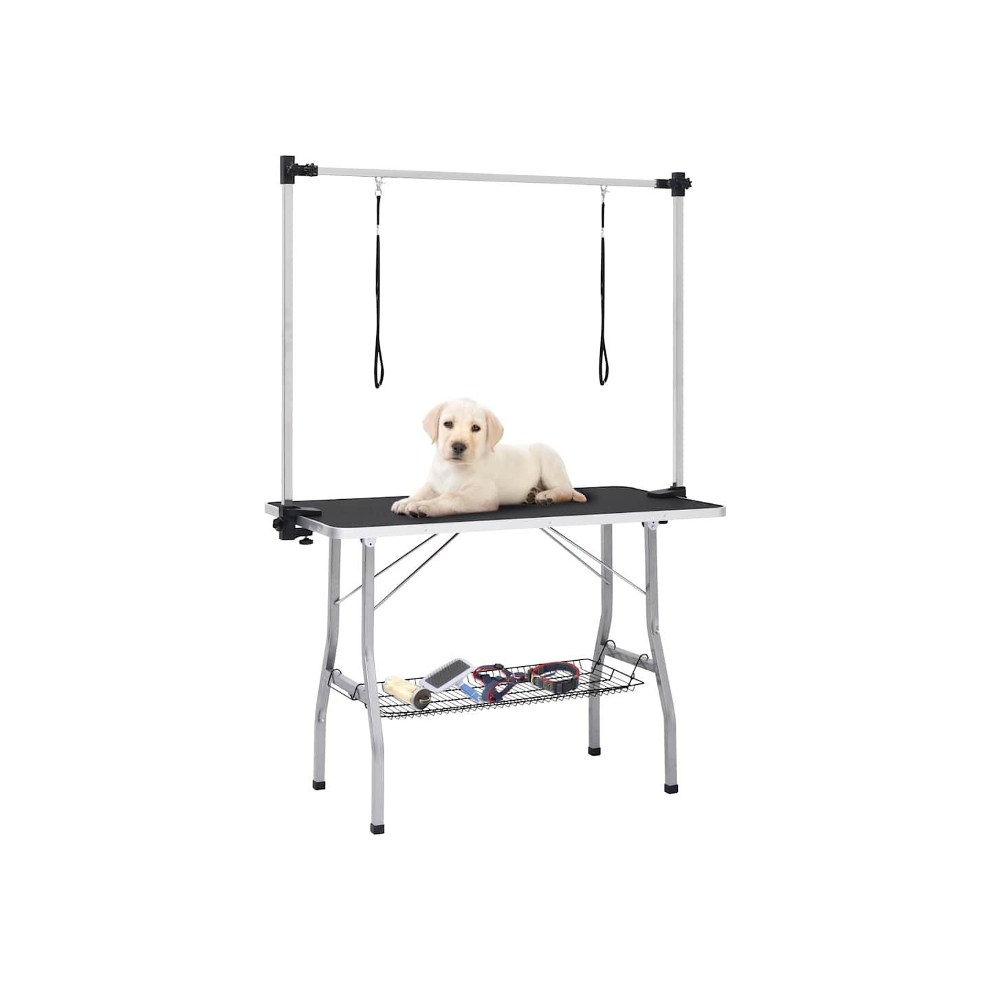 Table de toilettage réglable de chiens avec 2 boucles et panier