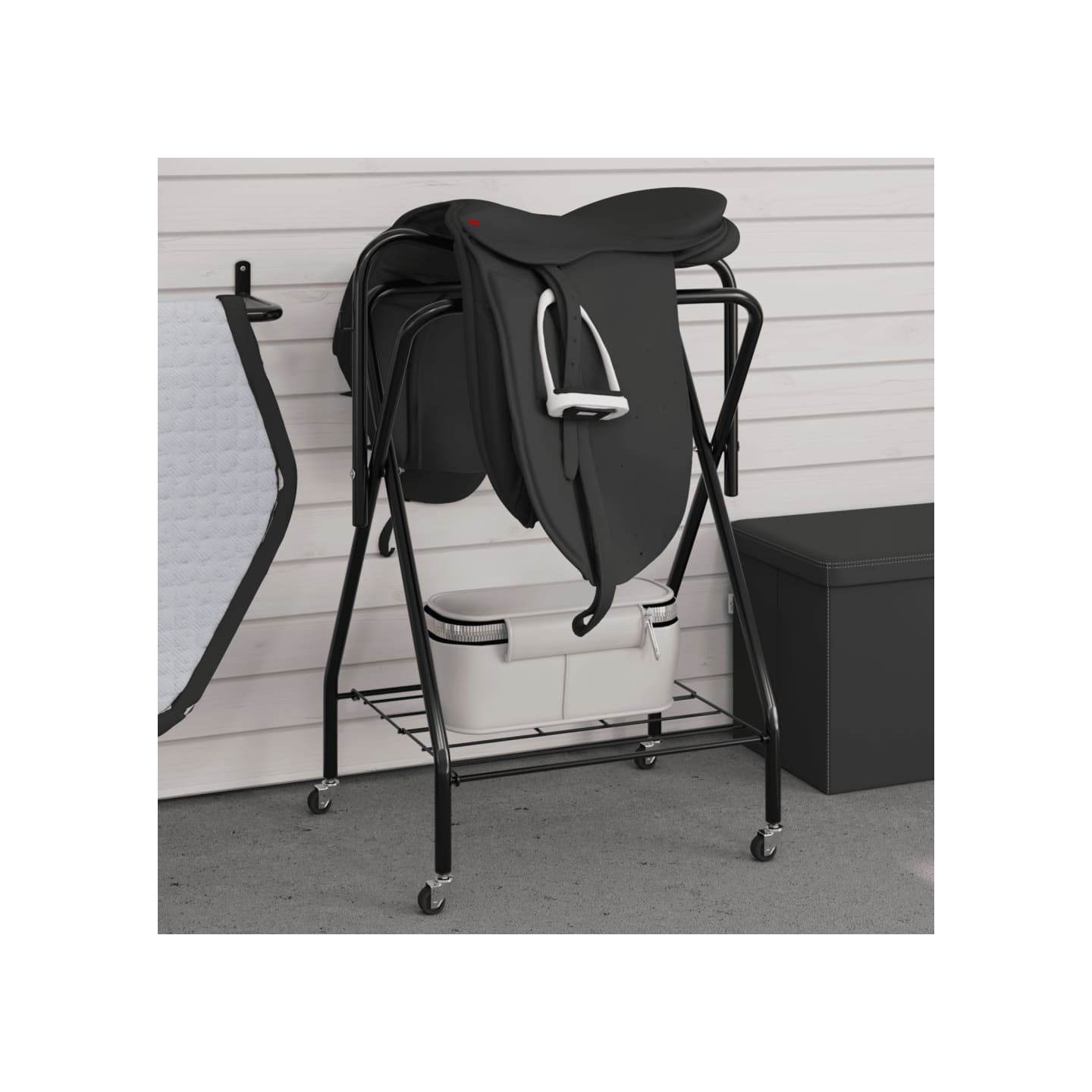 Porte-selle pliable autoportant noir fer