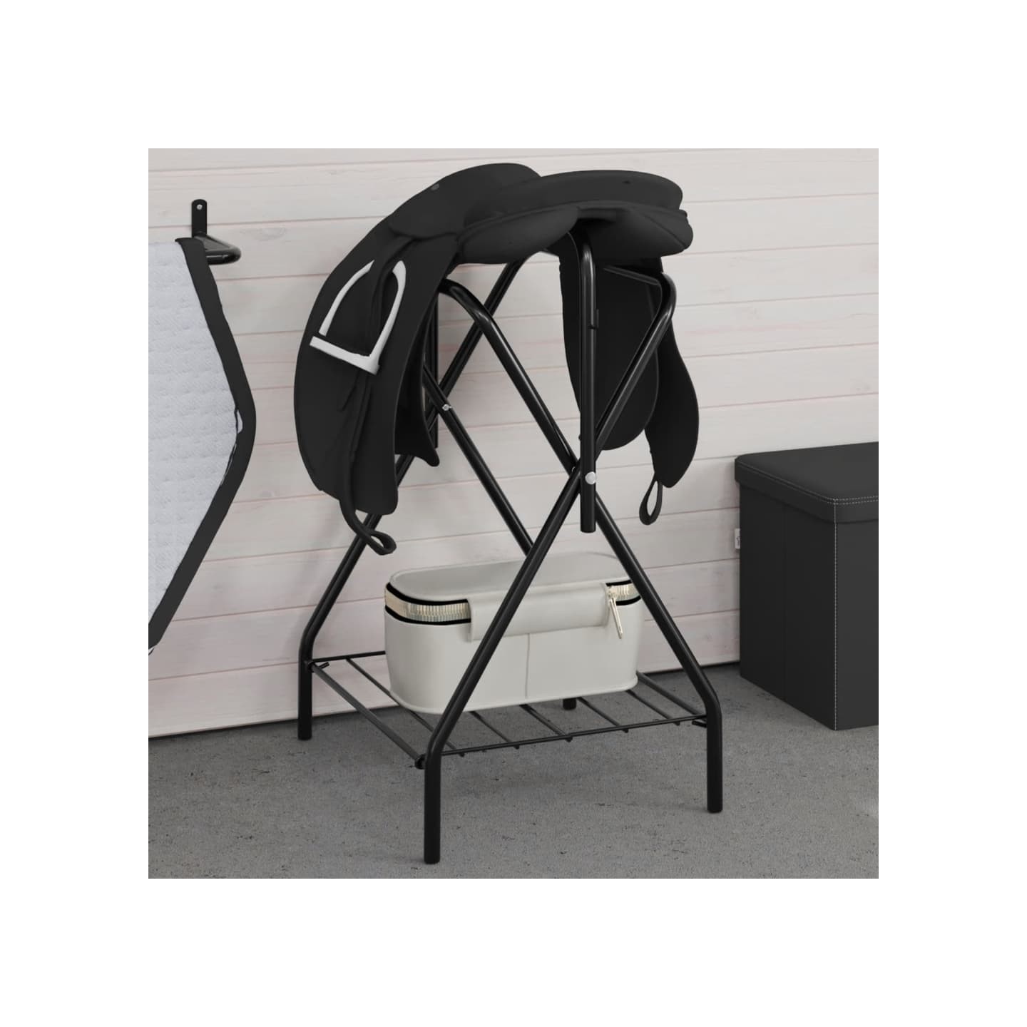 Porte-selle pliable autoportant noir fer