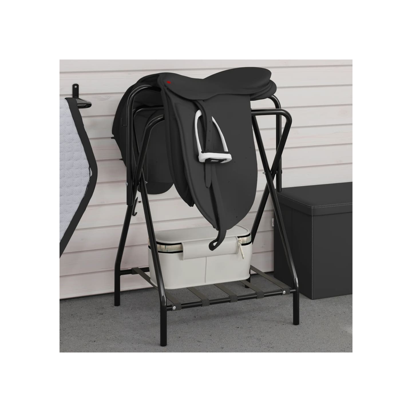 Porte-selle pliable autoportant noir fer
