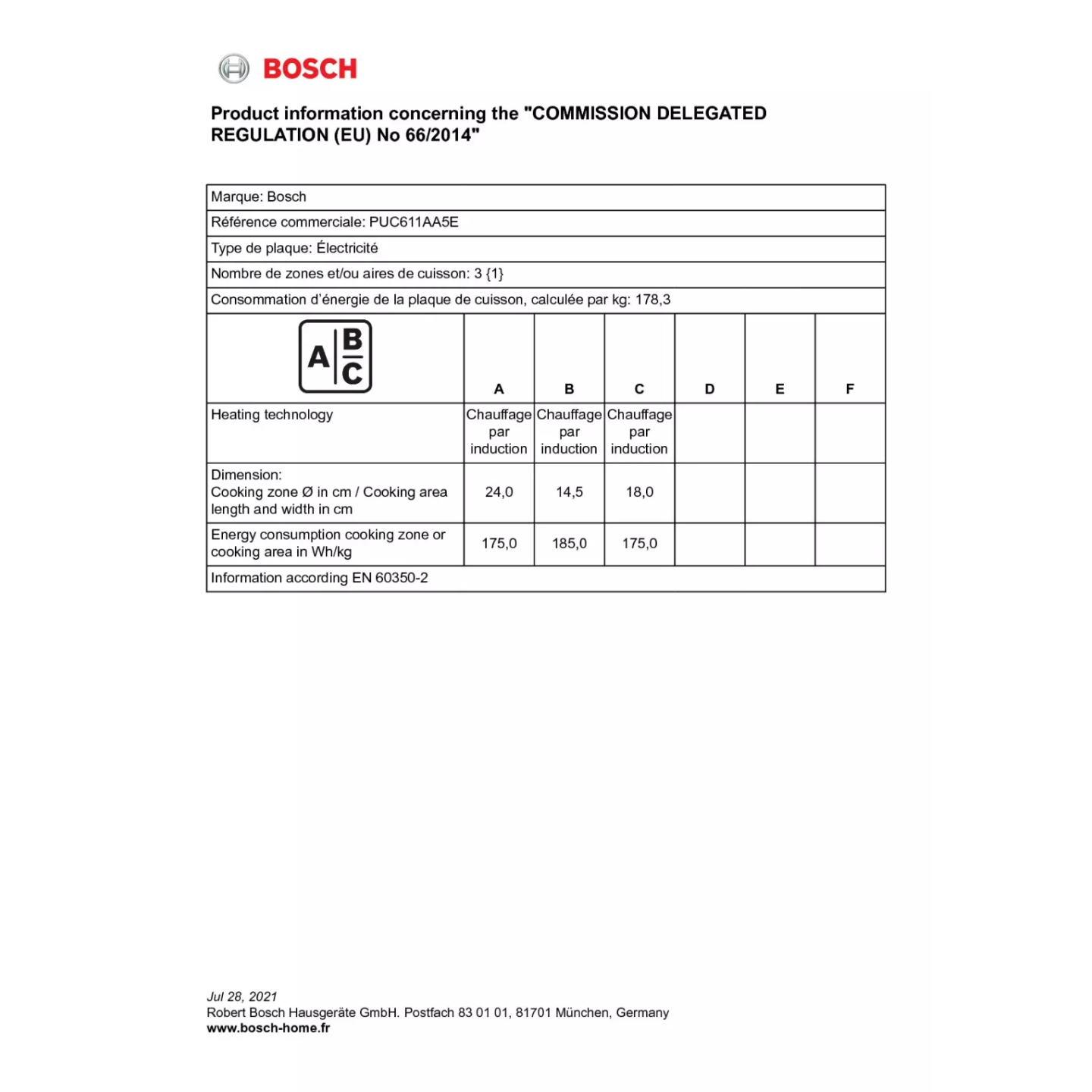 Plaque de cuisson Bosch PUC611AA5E induction 3 foyers | Nimestore