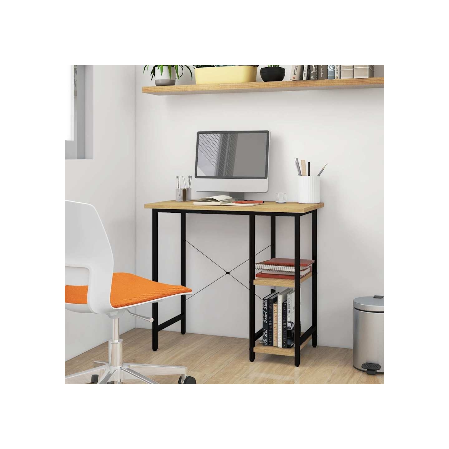 Bureau d'ordinateur Noir et chêne clair 80x40x72cm MDF et métal