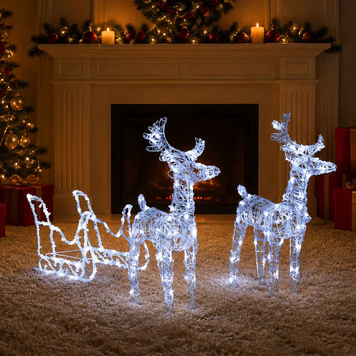 Décoration de Noël Rennes et traîneau 160 LED 130 cm Acrylique