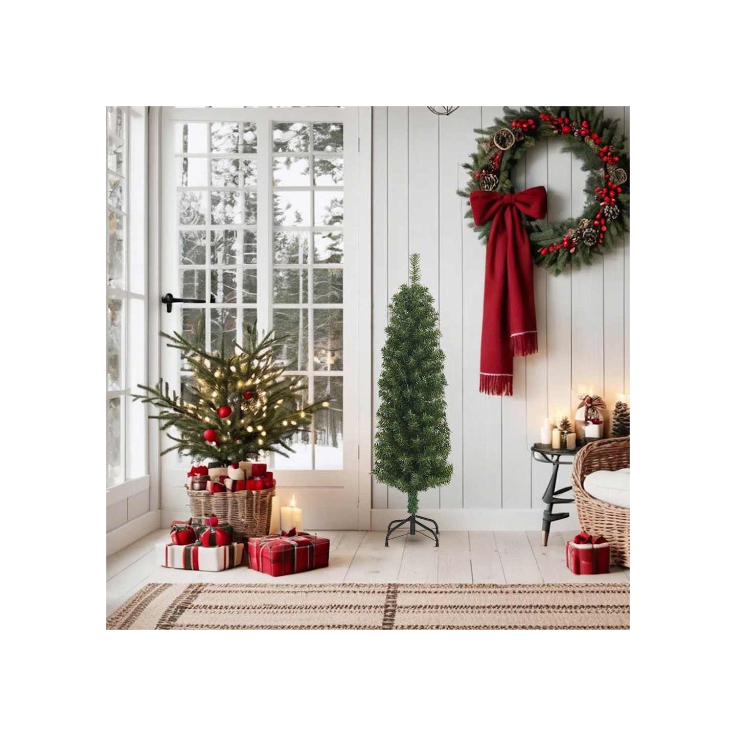 Sapin de Noël artificiel mince avec support vert 150 cm PVC