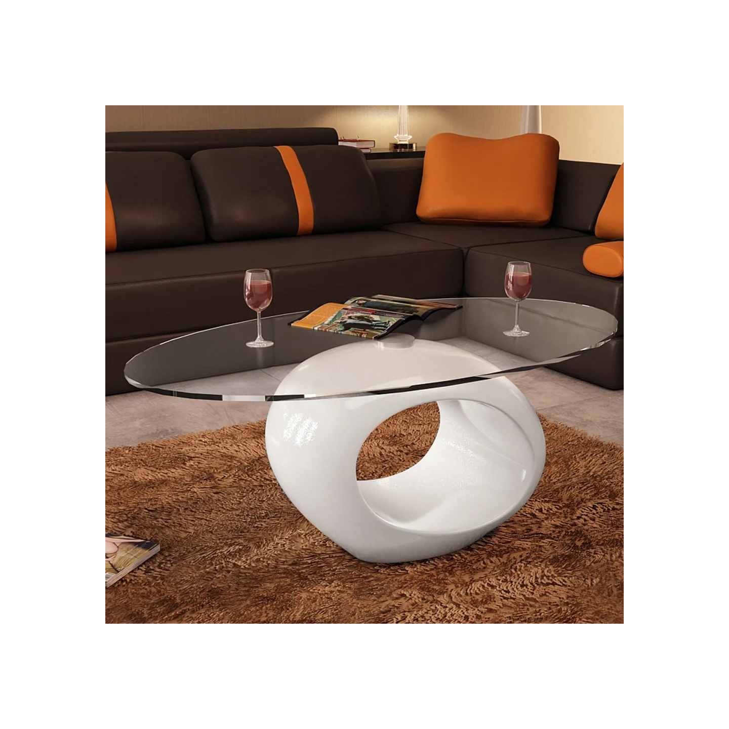 Table basse avec dessus de table en verre ovale Blanc brillant