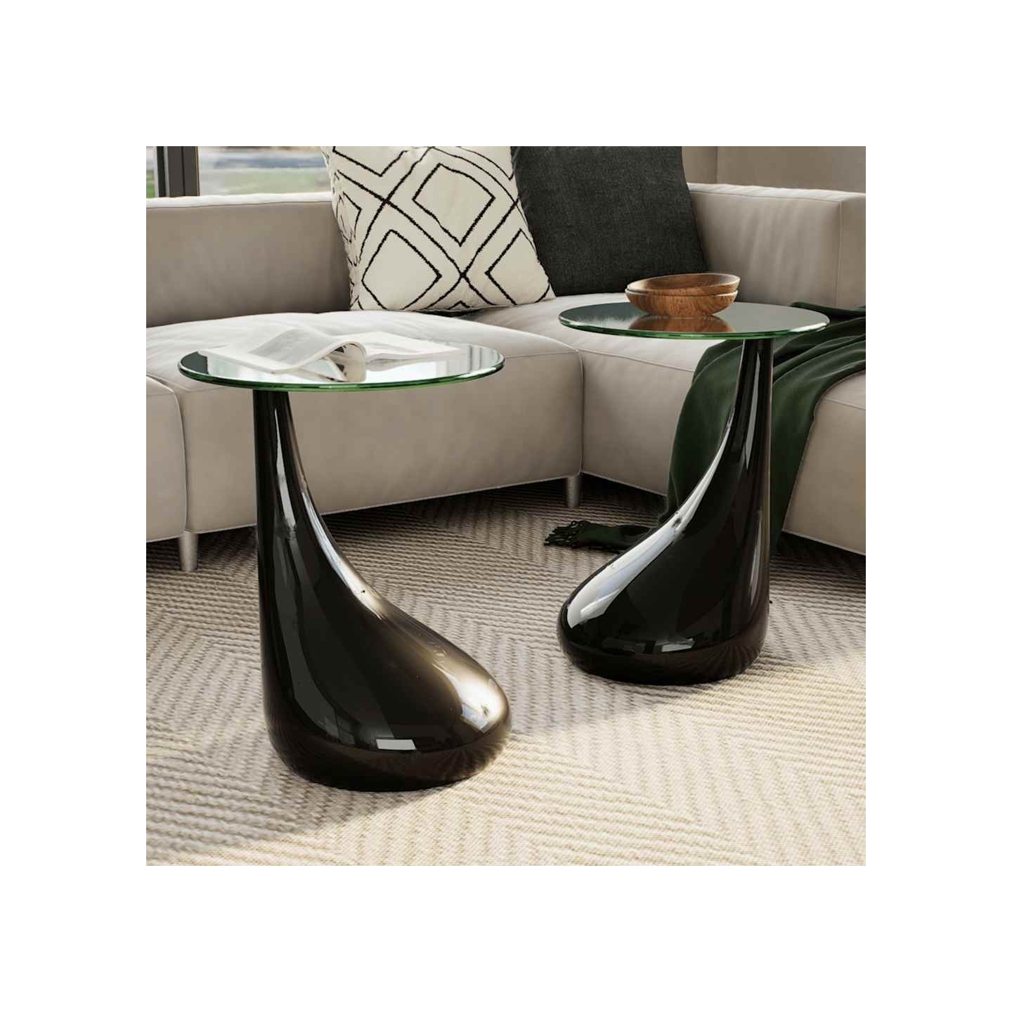 Table basse et dessus de table Verre rond Noir brillant 2 pcs