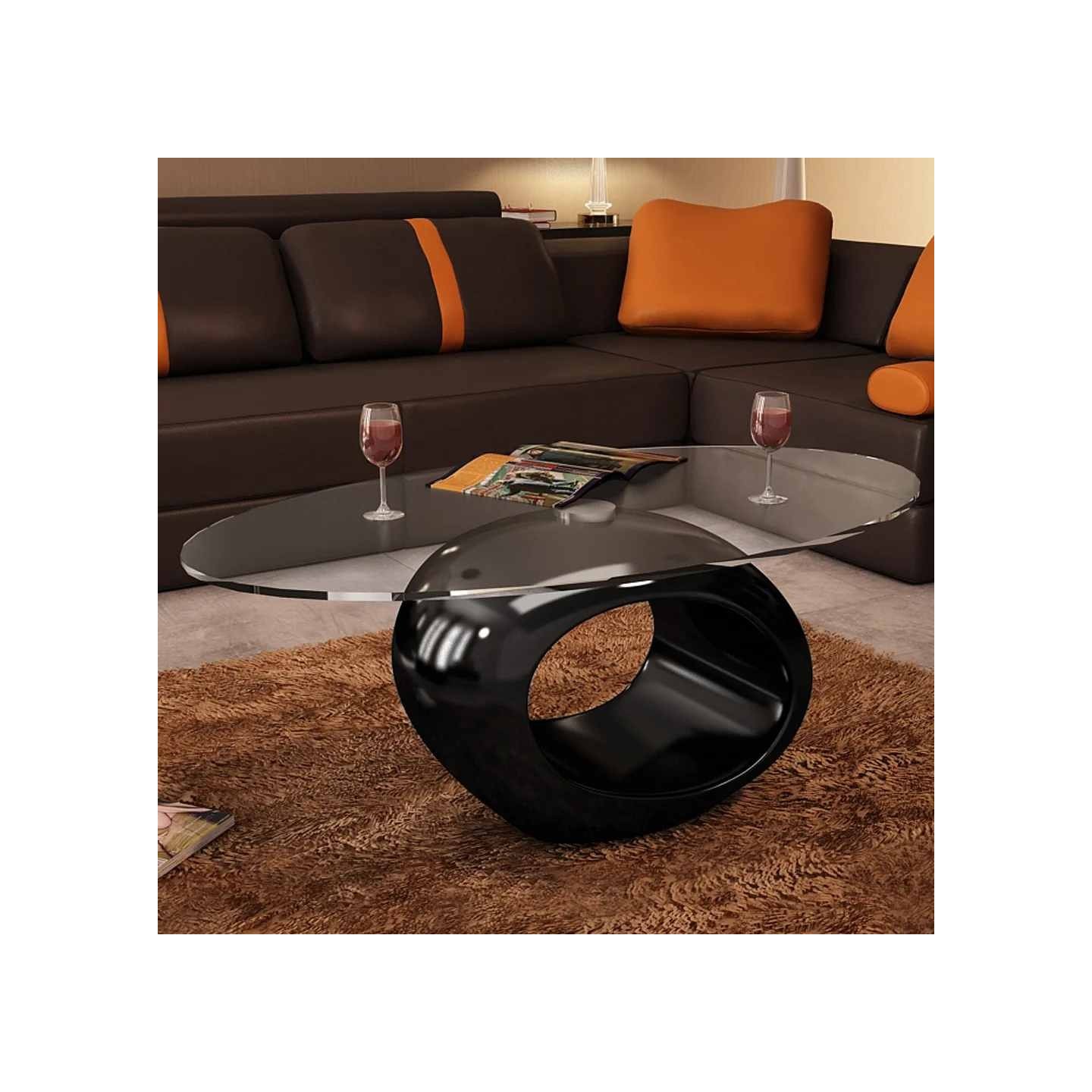 Table basse avec dessus de table en verre ovale Noir brillant