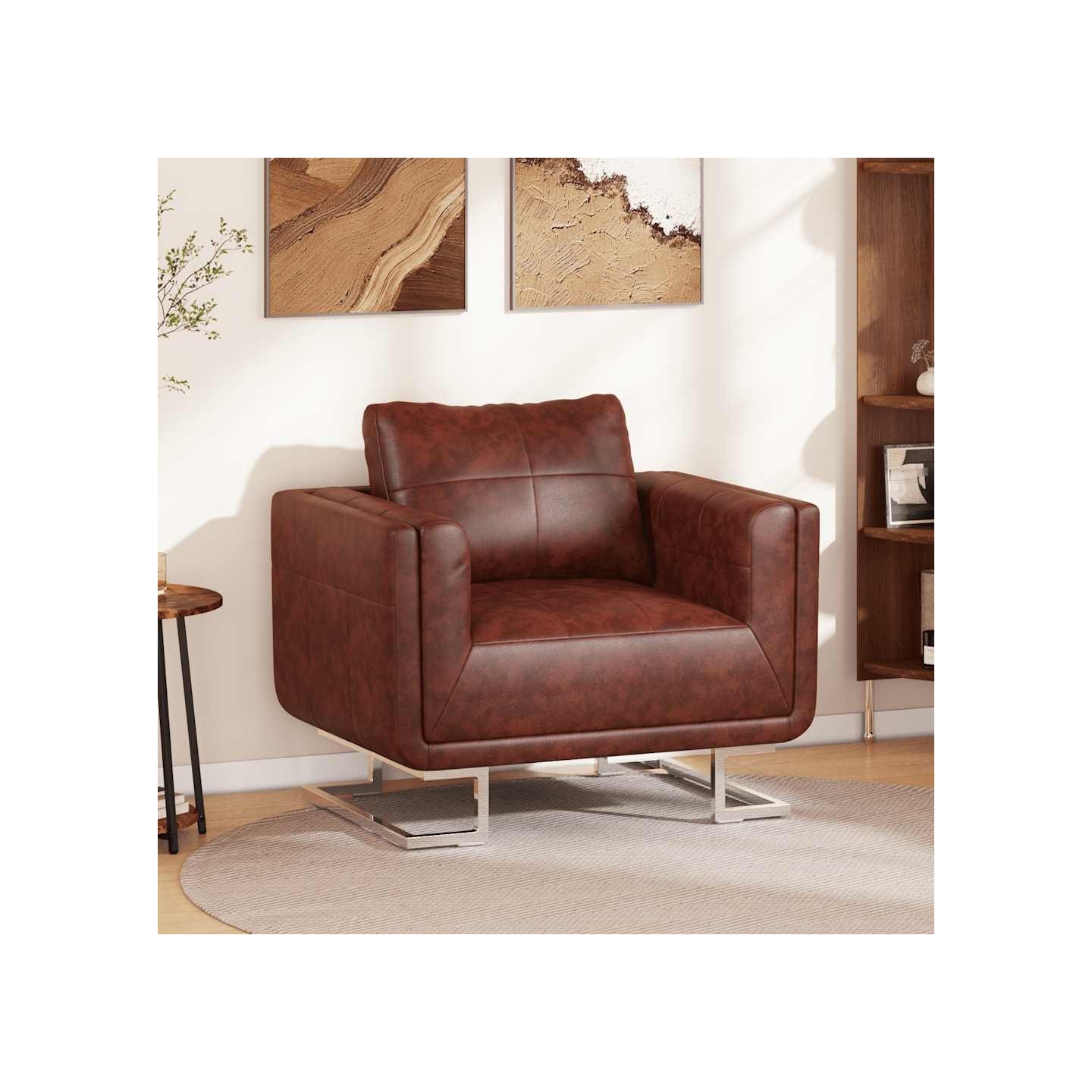 Fauteuil cube avec pieds chromés Marron Similicuir