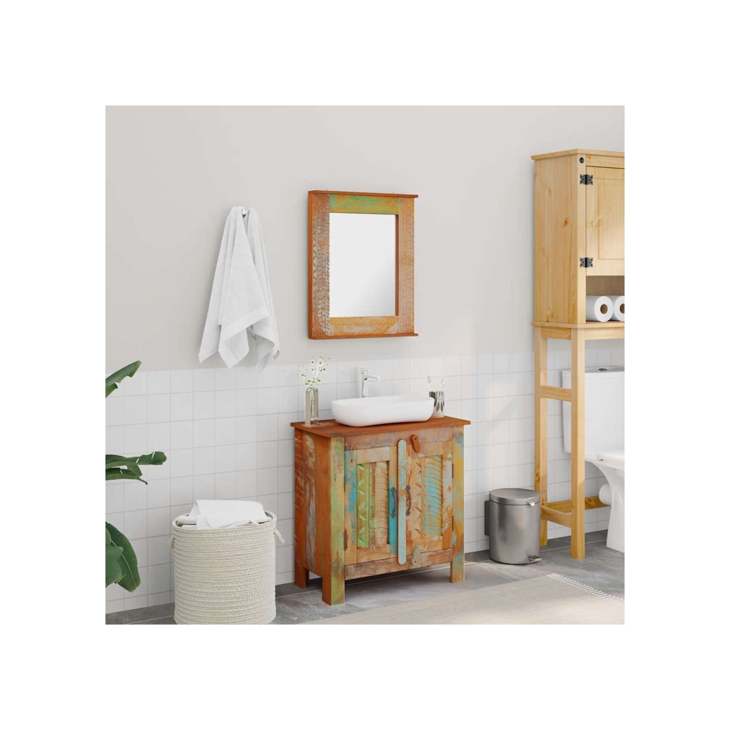Ensemble meuble sous vasque et miroir en bois massif recyclé