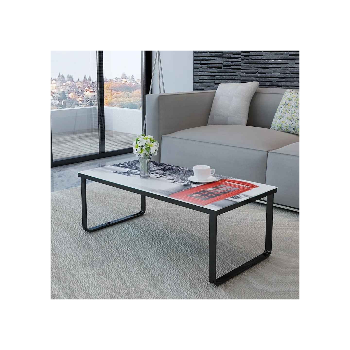 Table basse avec impression de cabine téléphonique Dessus verre