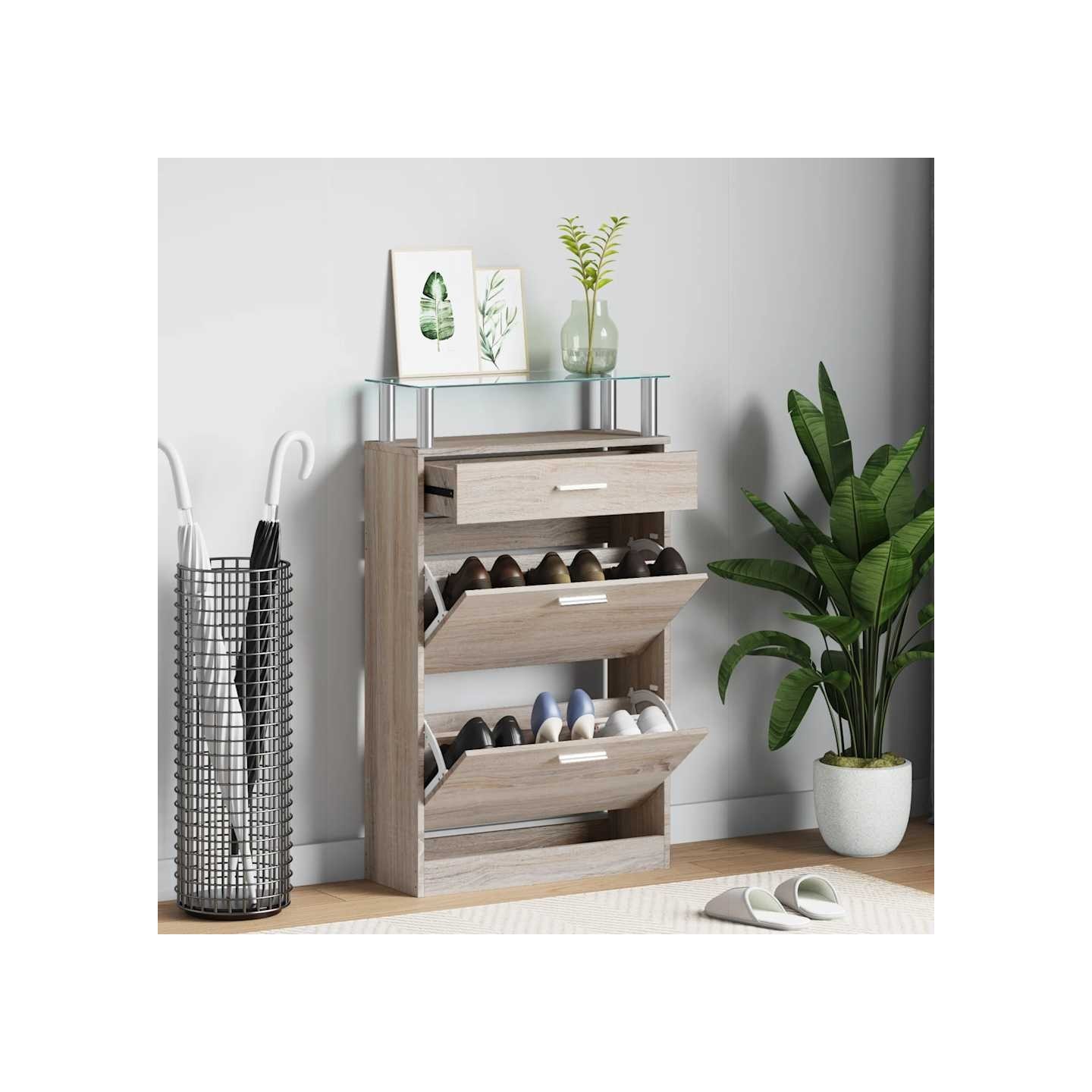 Meuble à chaussures avec tiroir et plateau en verre Bois
