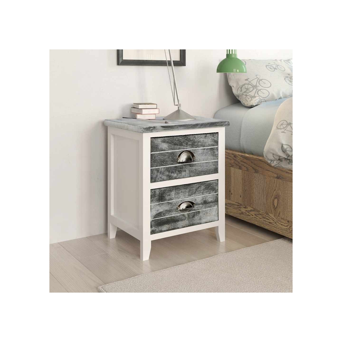 Table de chevet 2 pcs avec 2 tiroirs Gris et blanc