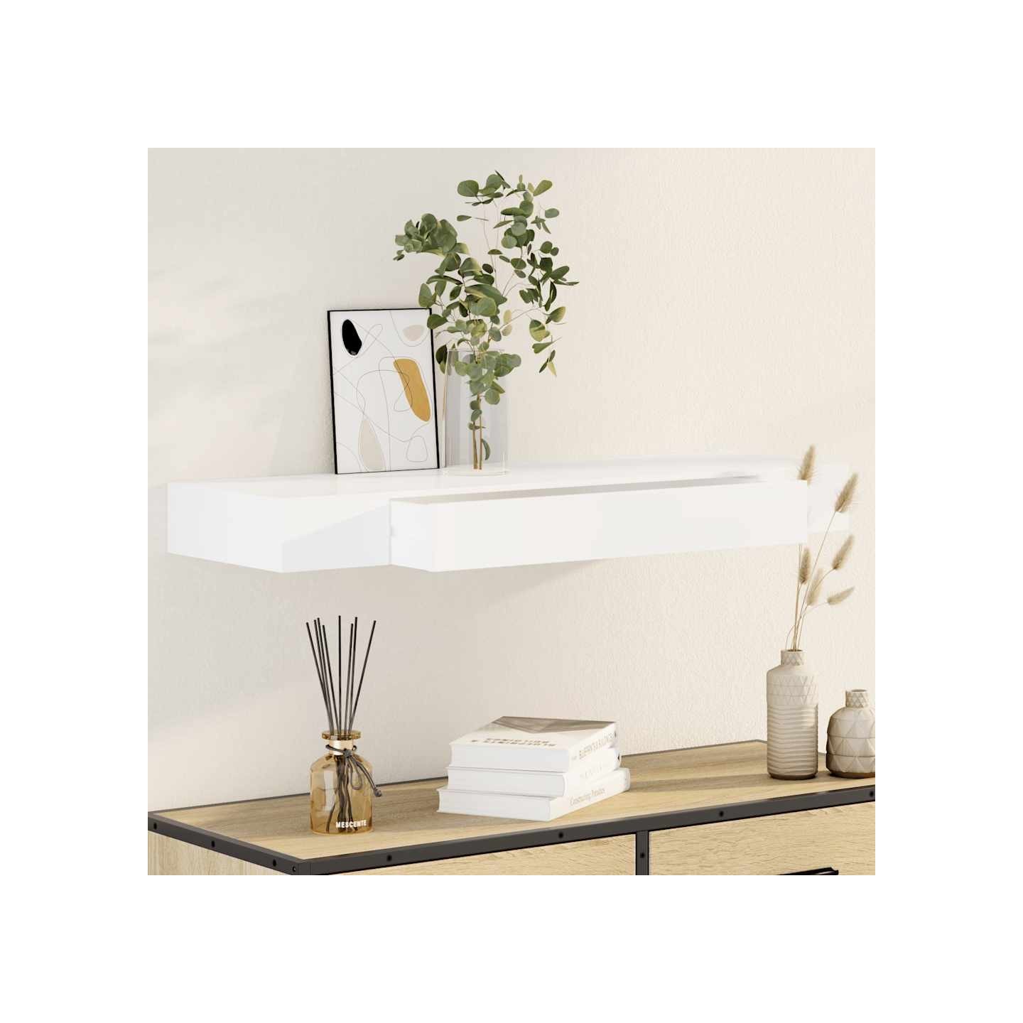 Étagère murale avec 1 tiroir MDF Blanc Rangement de livres/DVD