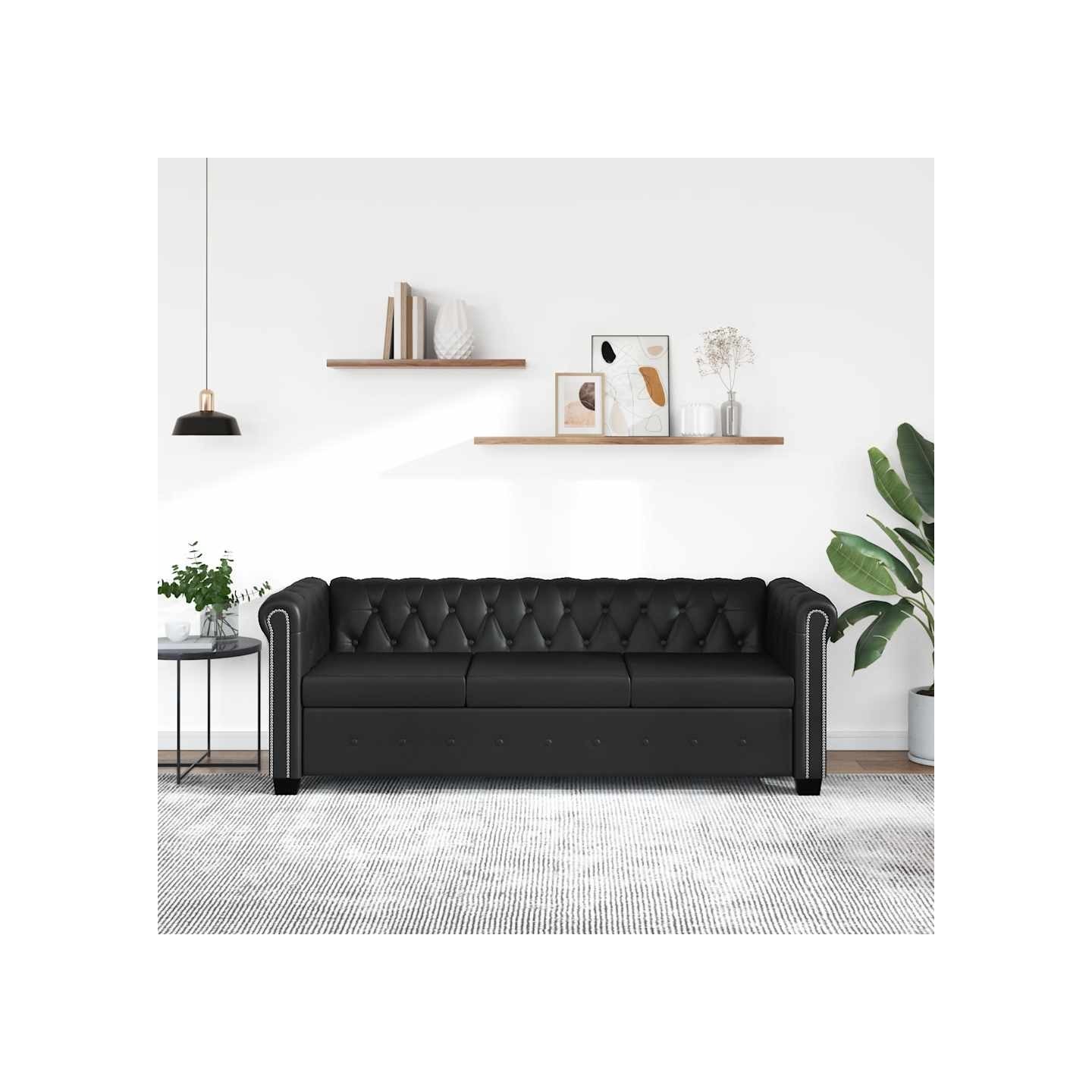 Canapé Chesterfield à 3 places cuir synthétique noir