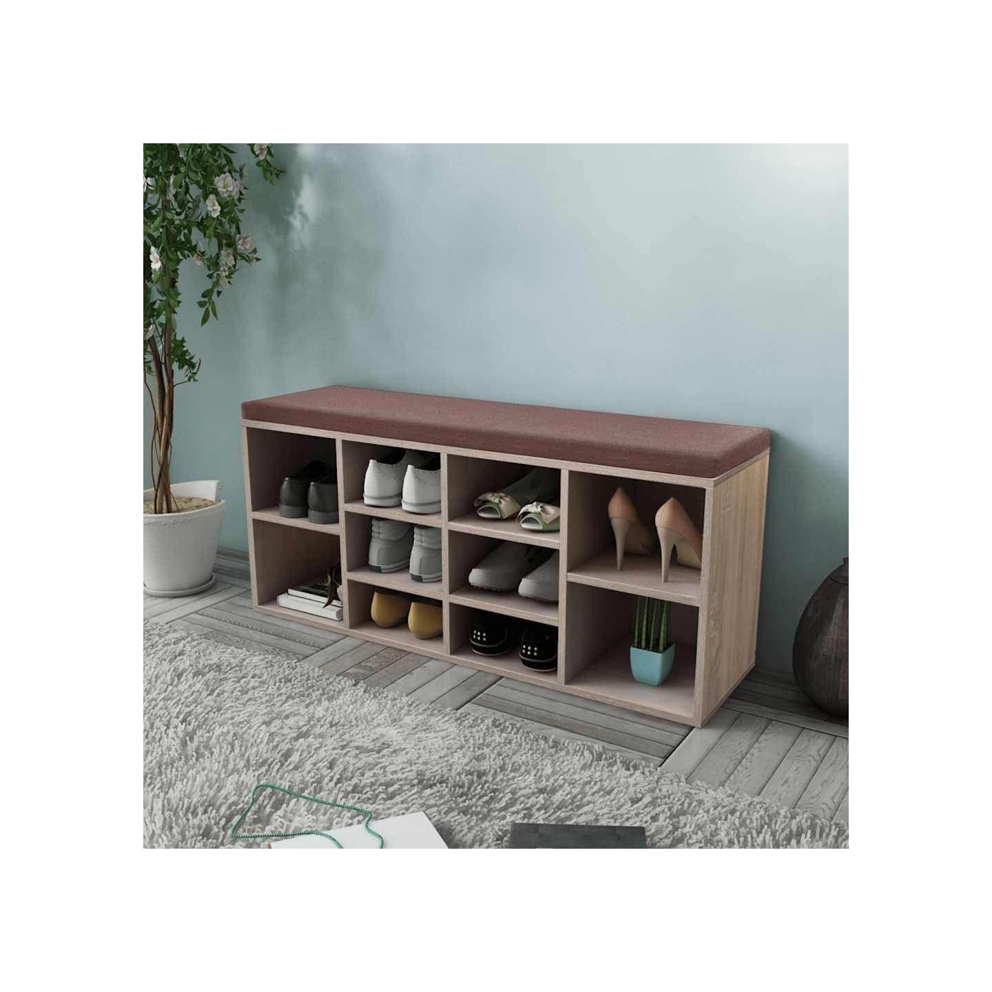 Banc de rangement à chaussures 10 compartiments Couleur chêne