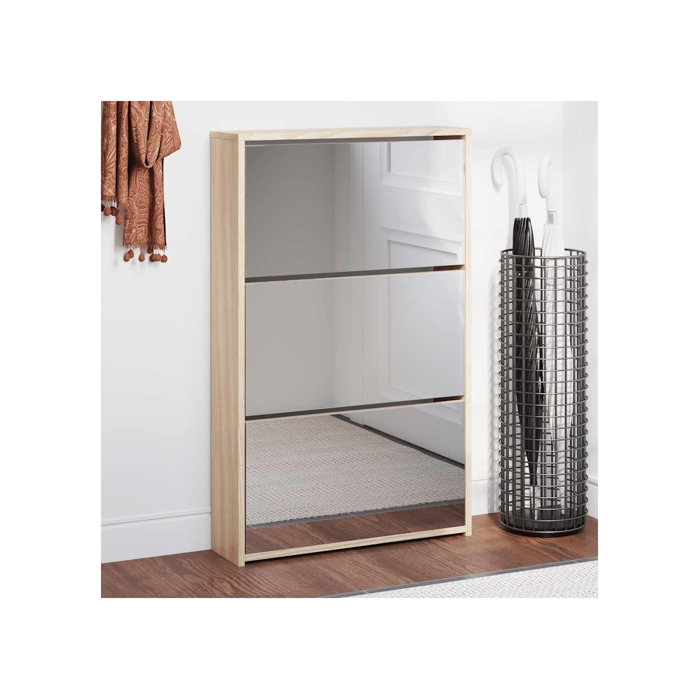 Meuble à chaussures 3 étagères Miroir 63x17x102,5 cm Chêne