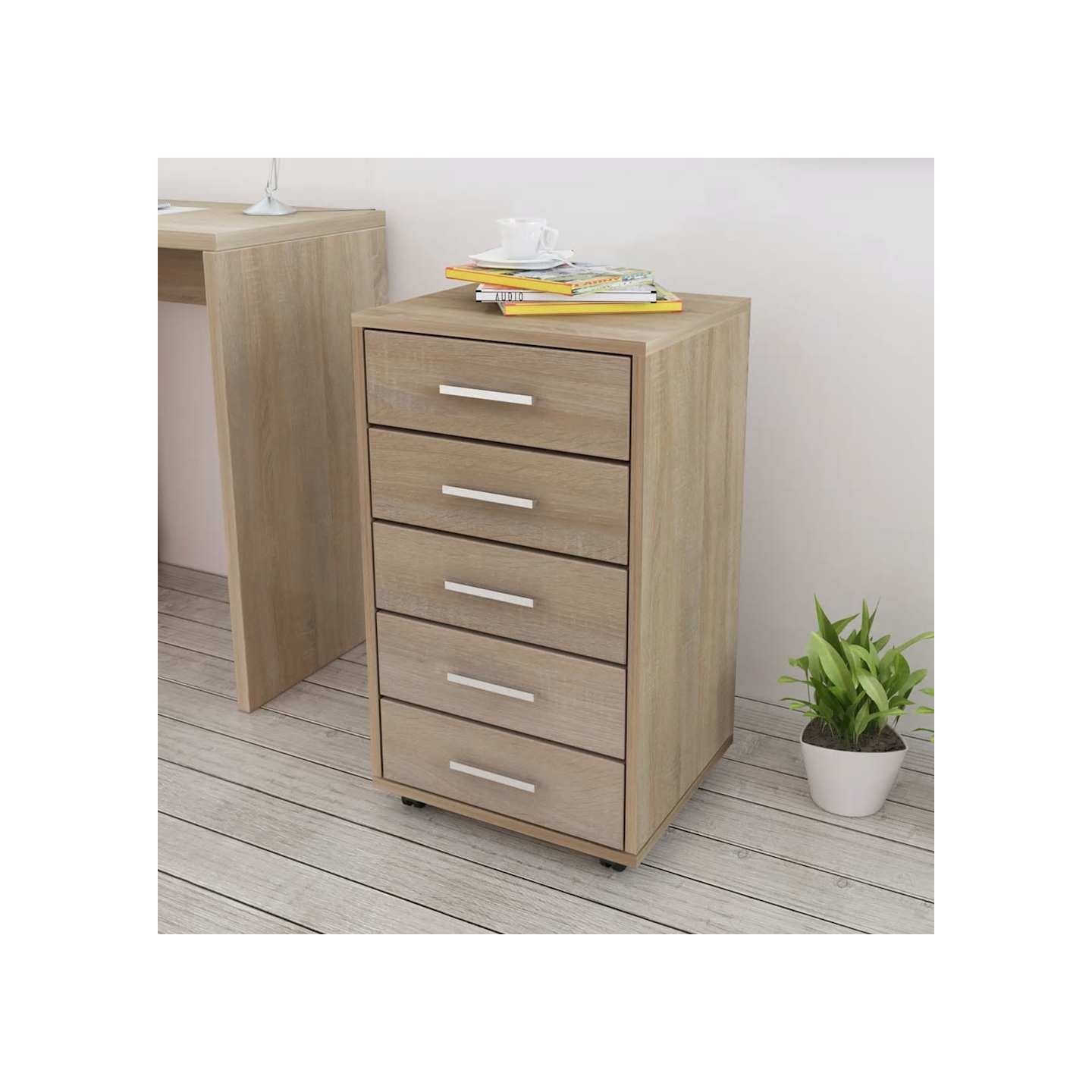 Caisson à tiroir de bureau avec roulettes 5 tiroirs Chêne