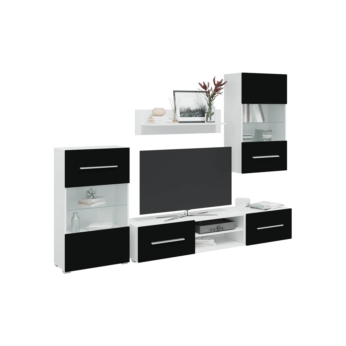 Meuble TV mural 5 pièces avec éclairage LED Noir