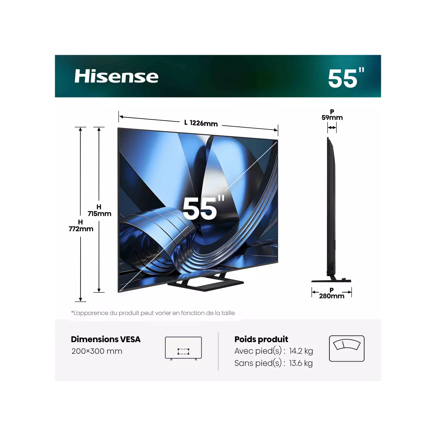 TV Mini LED Hisense 55U7SE 55" 4K 144 Hz | Nimestore