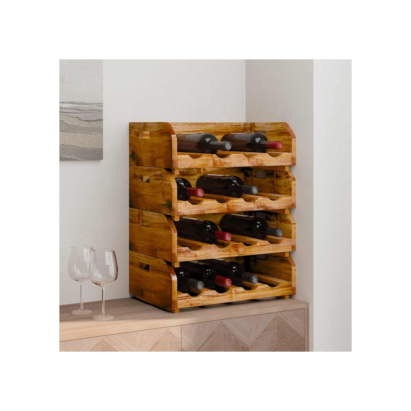 Casiers à bouteilles 4pcs de 16 bouteilles bois d'acajou massif