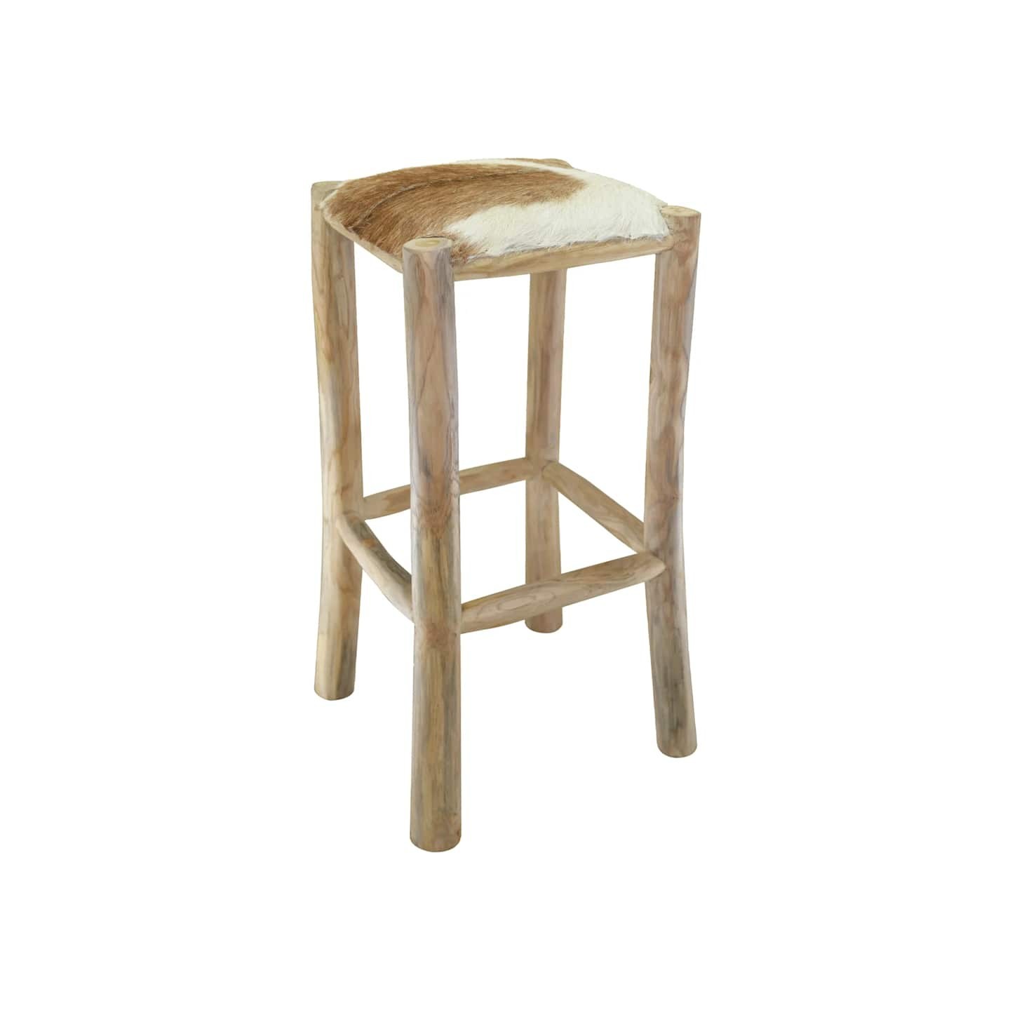 Tabouret de bar cuir de chèvre et bois de teck solide