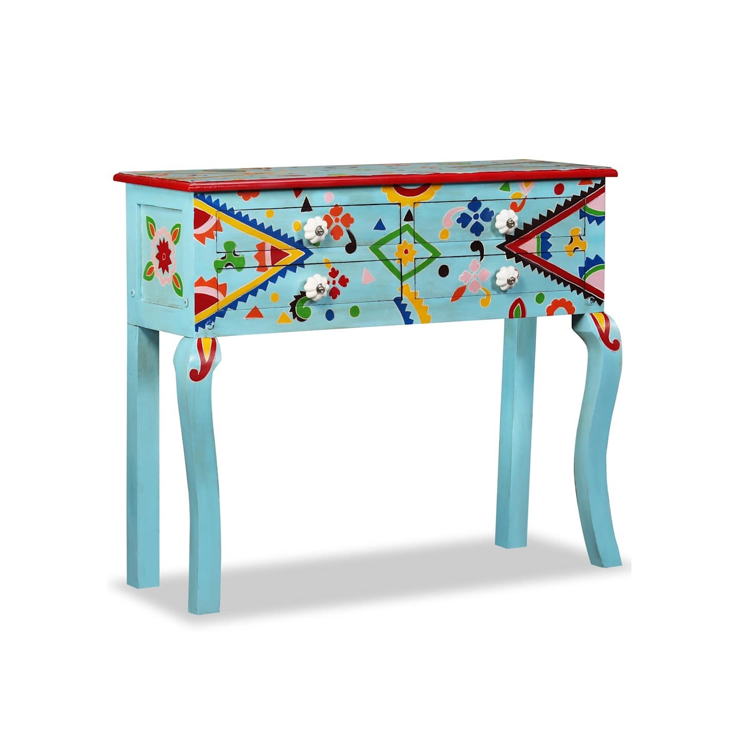 Table console Bois de manguier massif Bleu peint à la main