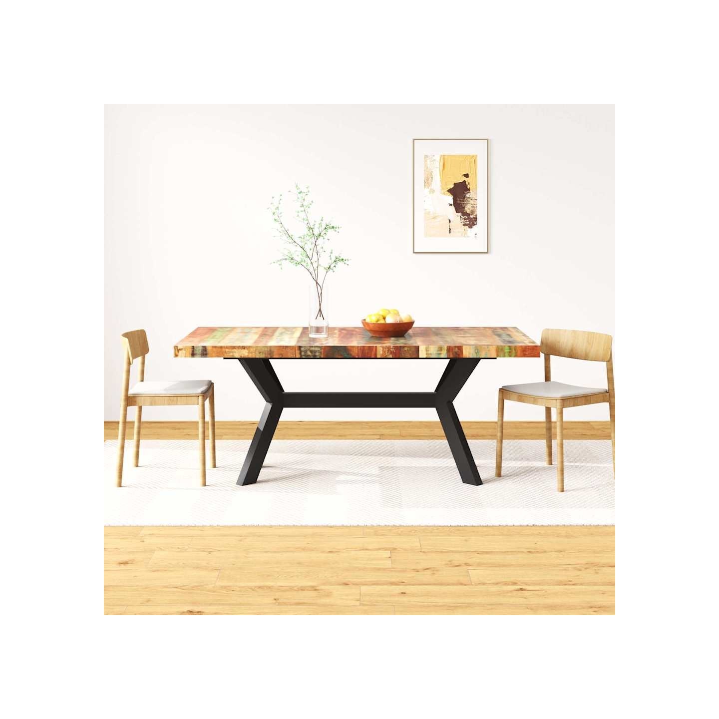 Table à manger Bois récupération massif et croix en acier 180cm