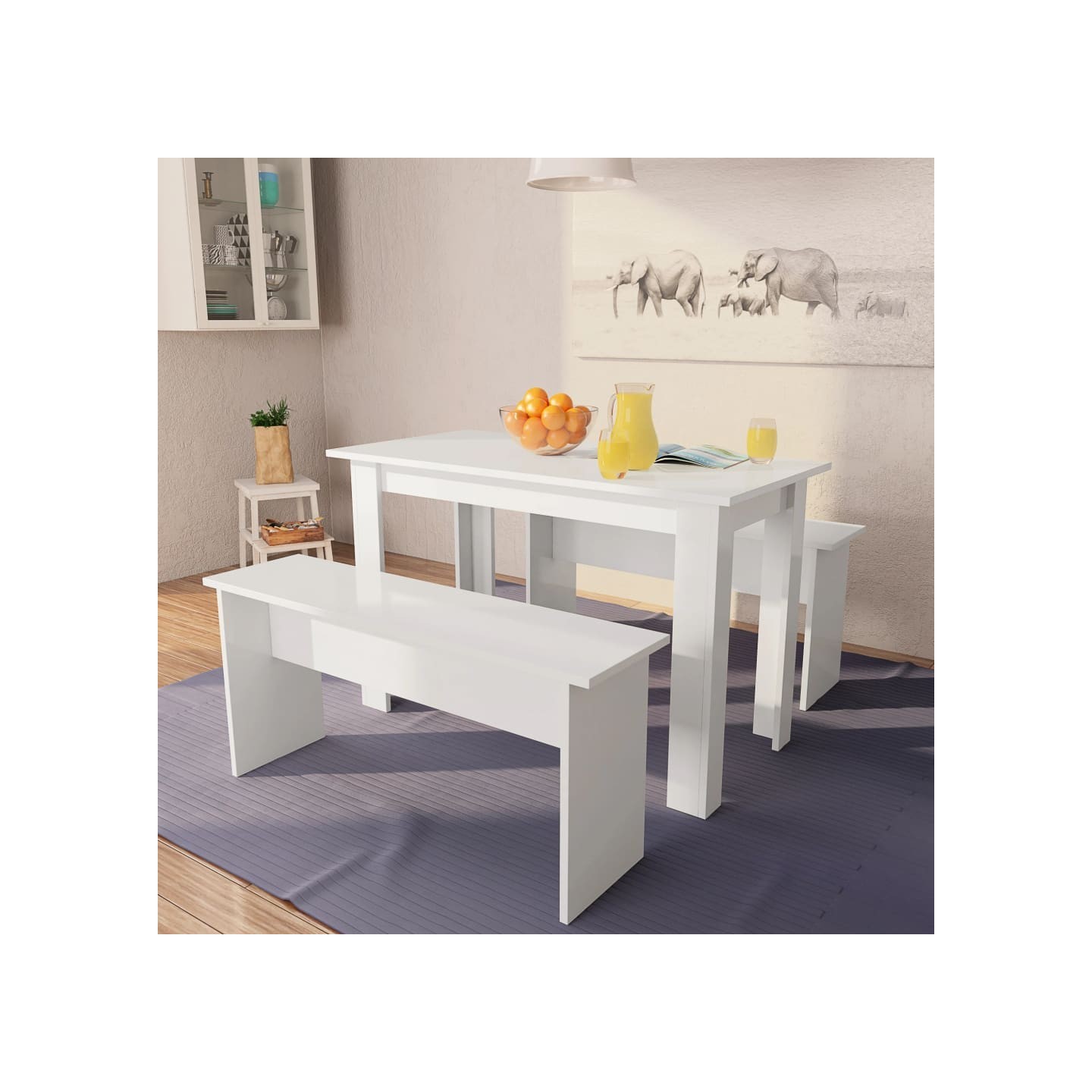 Table de salle à manger et bancs 3 pcs Bois d'ingénierie Blanc
