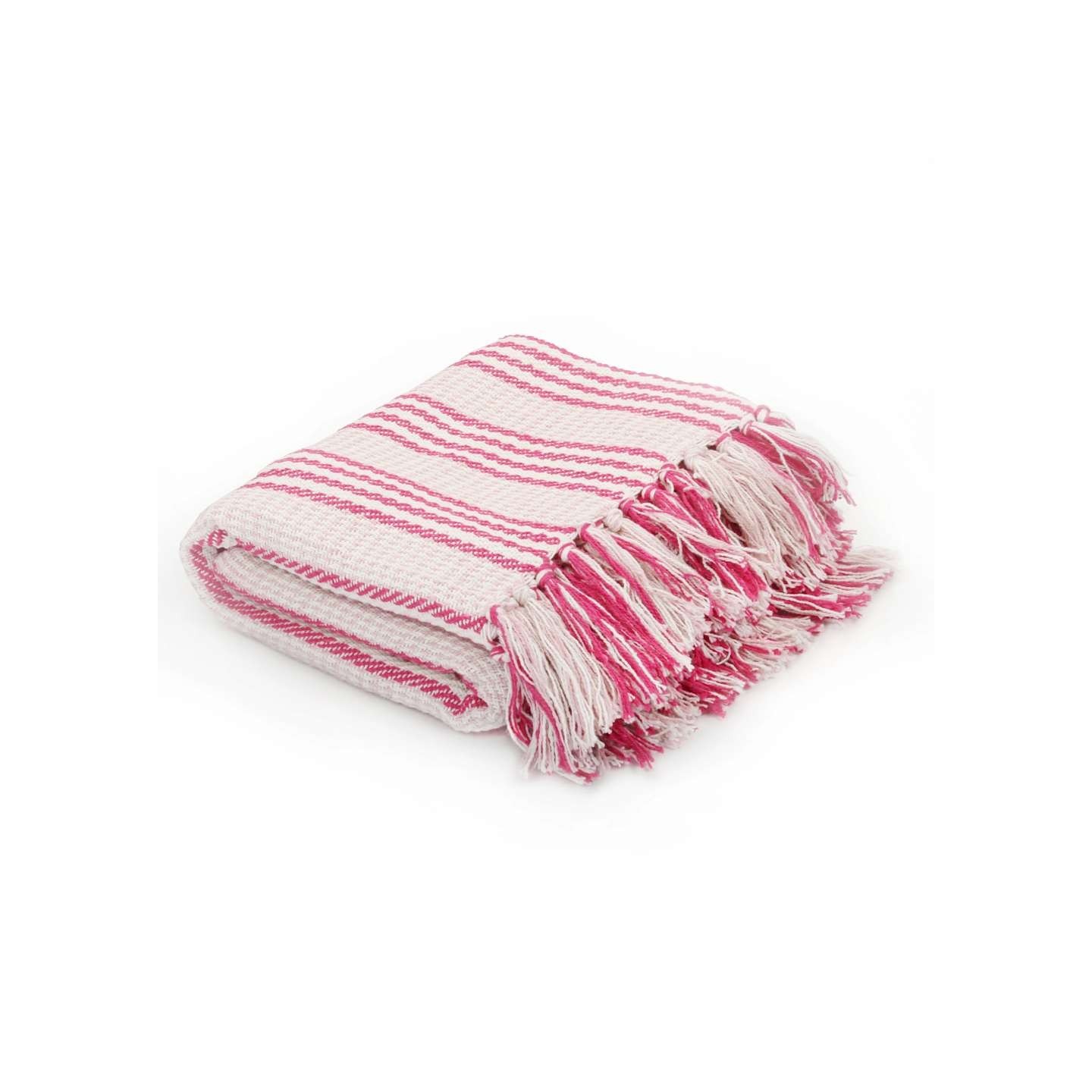 Couverture coton à rayures 220x250 cm Rose et Blanc
