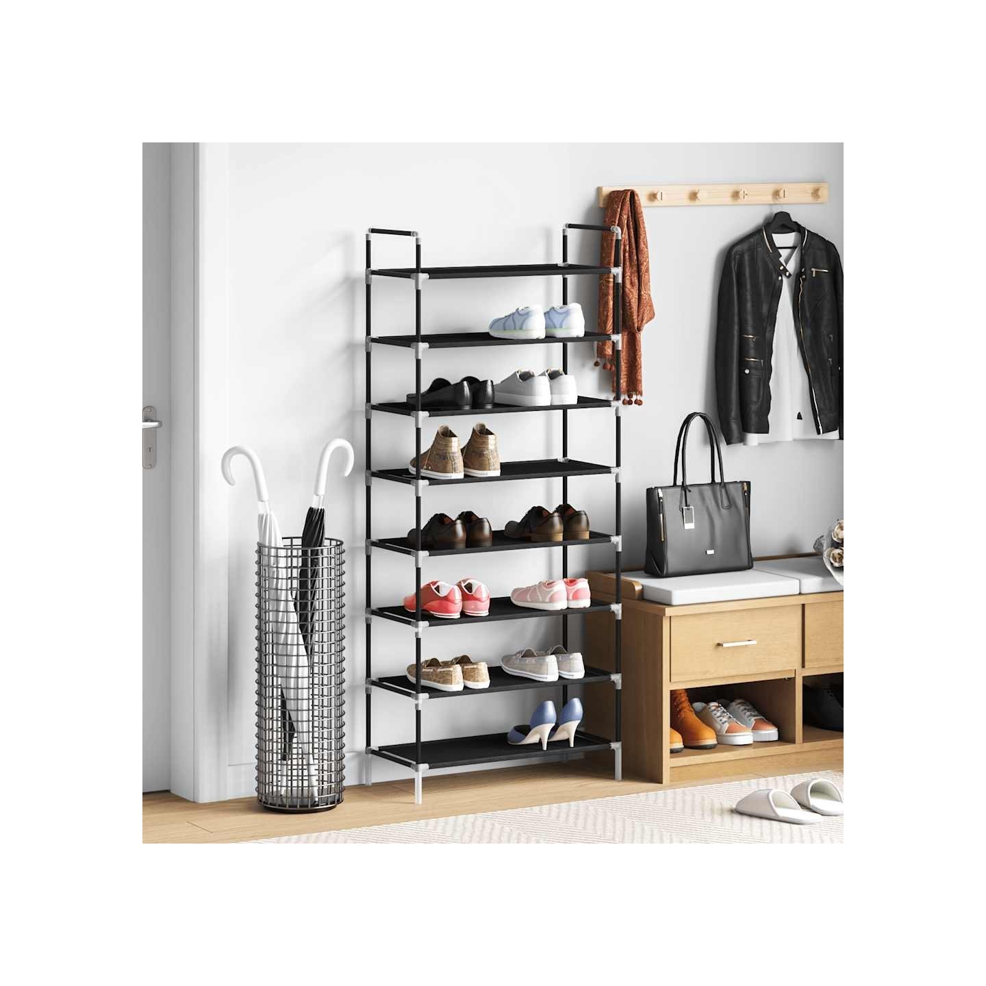 Range-chaussures avec 8 étagères Métal et Tissu non tissé Noir