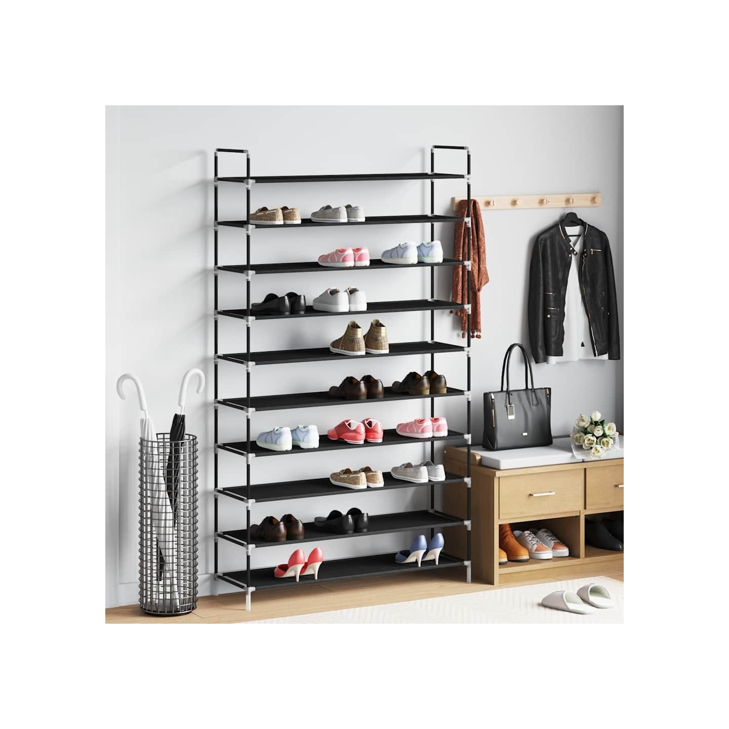 Range-chaussures avec 10 étagères Métal et Tissu non tissé Noir
