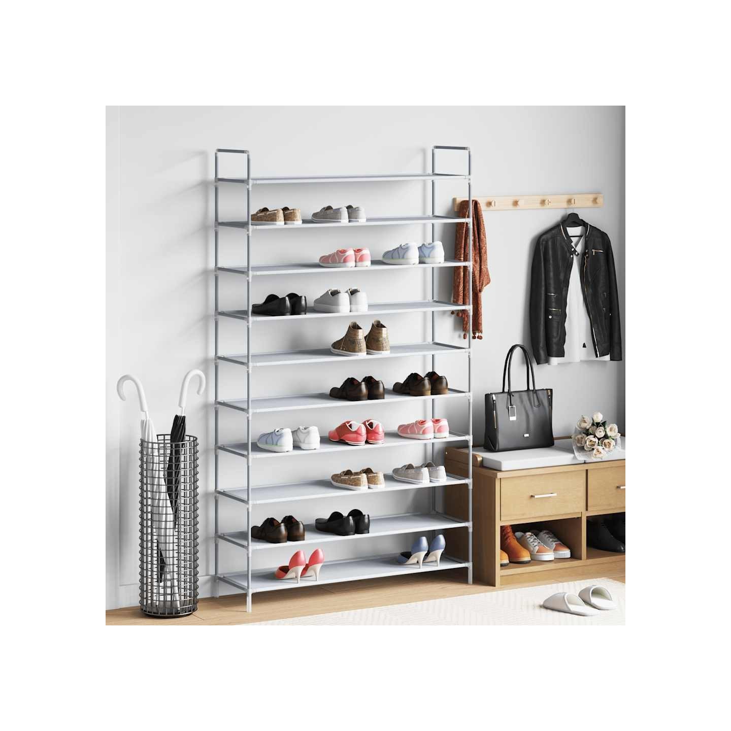 Range-chaussures 10 étagères Métal et Tissu non tissé Argenté