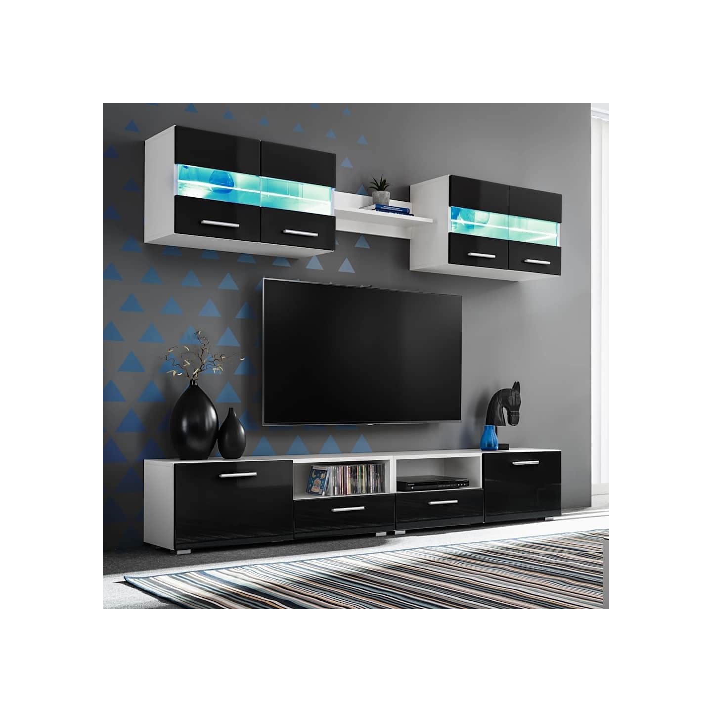 Ensemble mural pour TV 5 pcs avec lumières LED Noir brillant