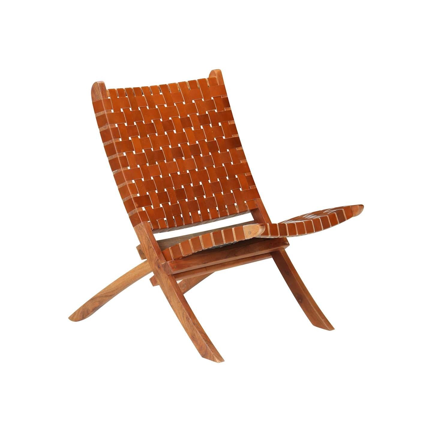Chaise pliable bandes croisées marron cuir véritable