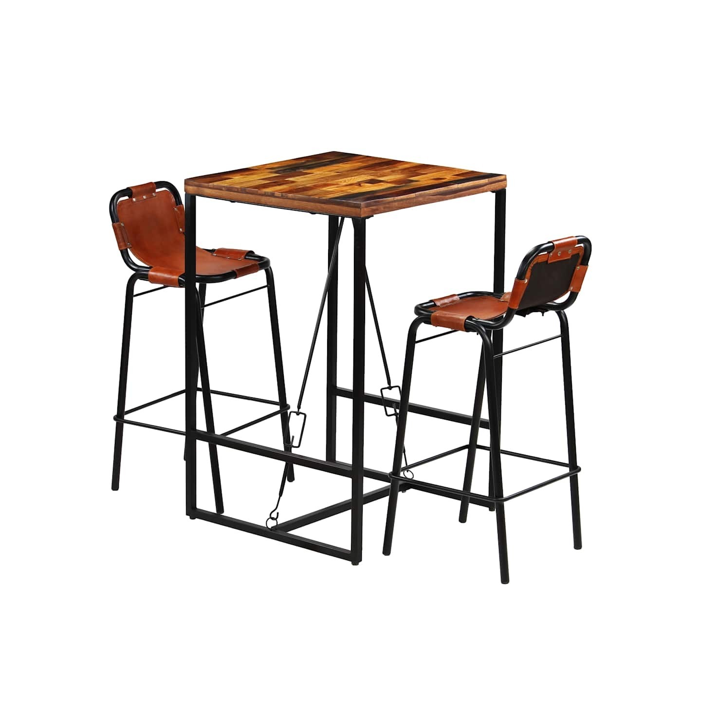 Ensemble de bar 3 pcs Bois massif recyclé et cuir de chèvre
