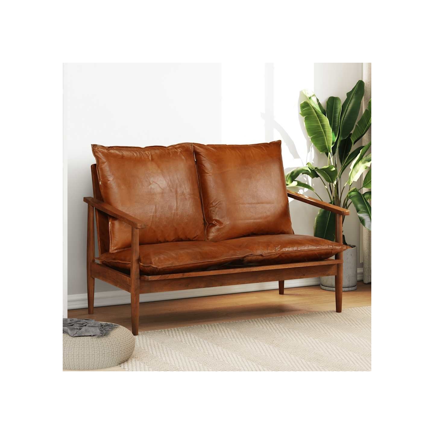 Canapé à 2 places Cuir véritable avec bois d'acacia Marron