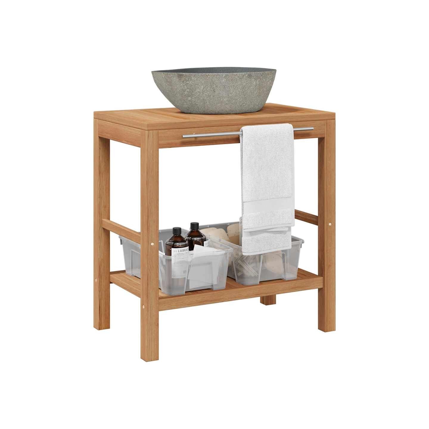 Armoire de toilette Teck solide et lavabo en pierre de rivière